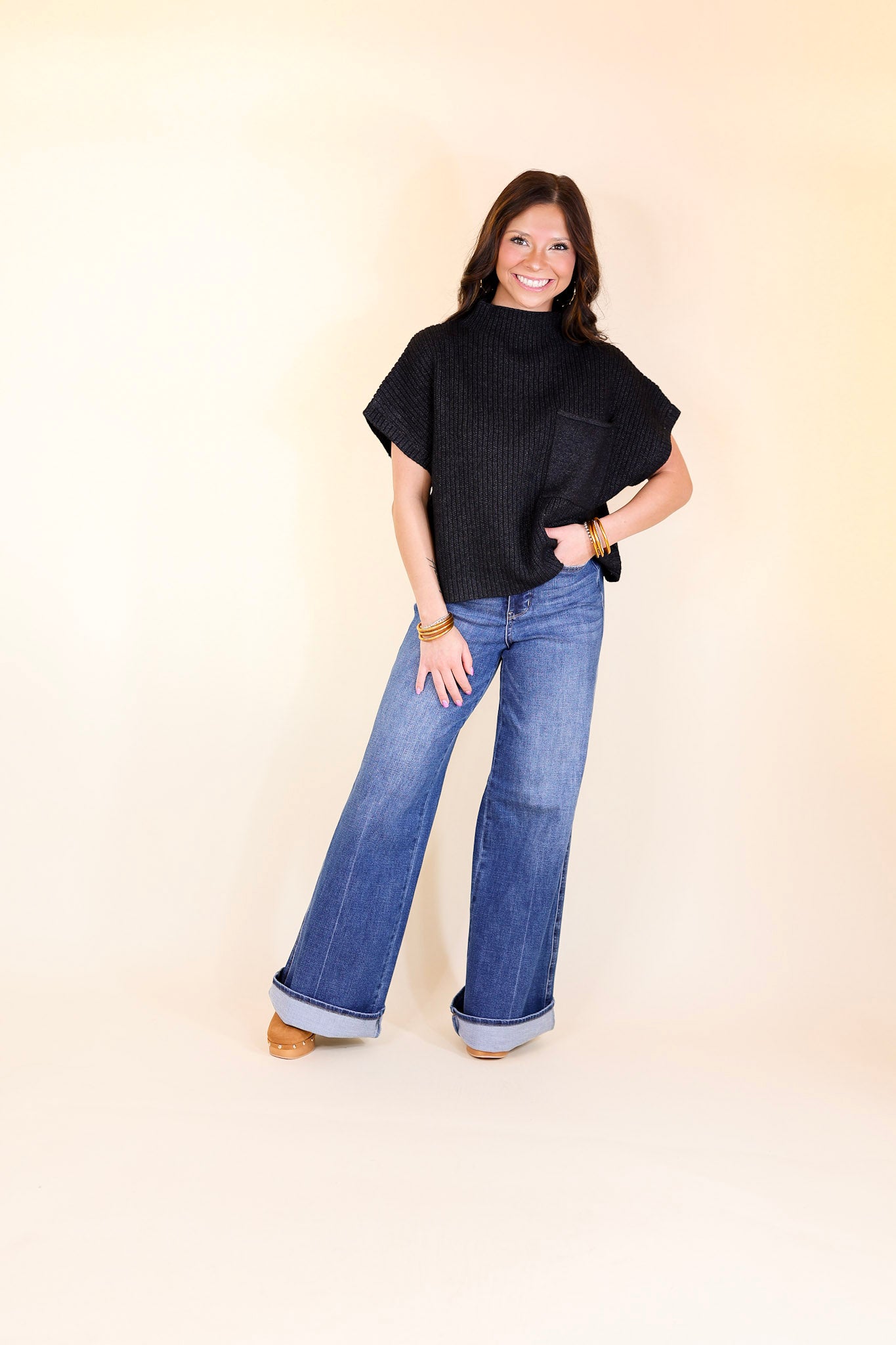 Premium City Sights Cap Sleeve Sweater Top - Ultimate Black