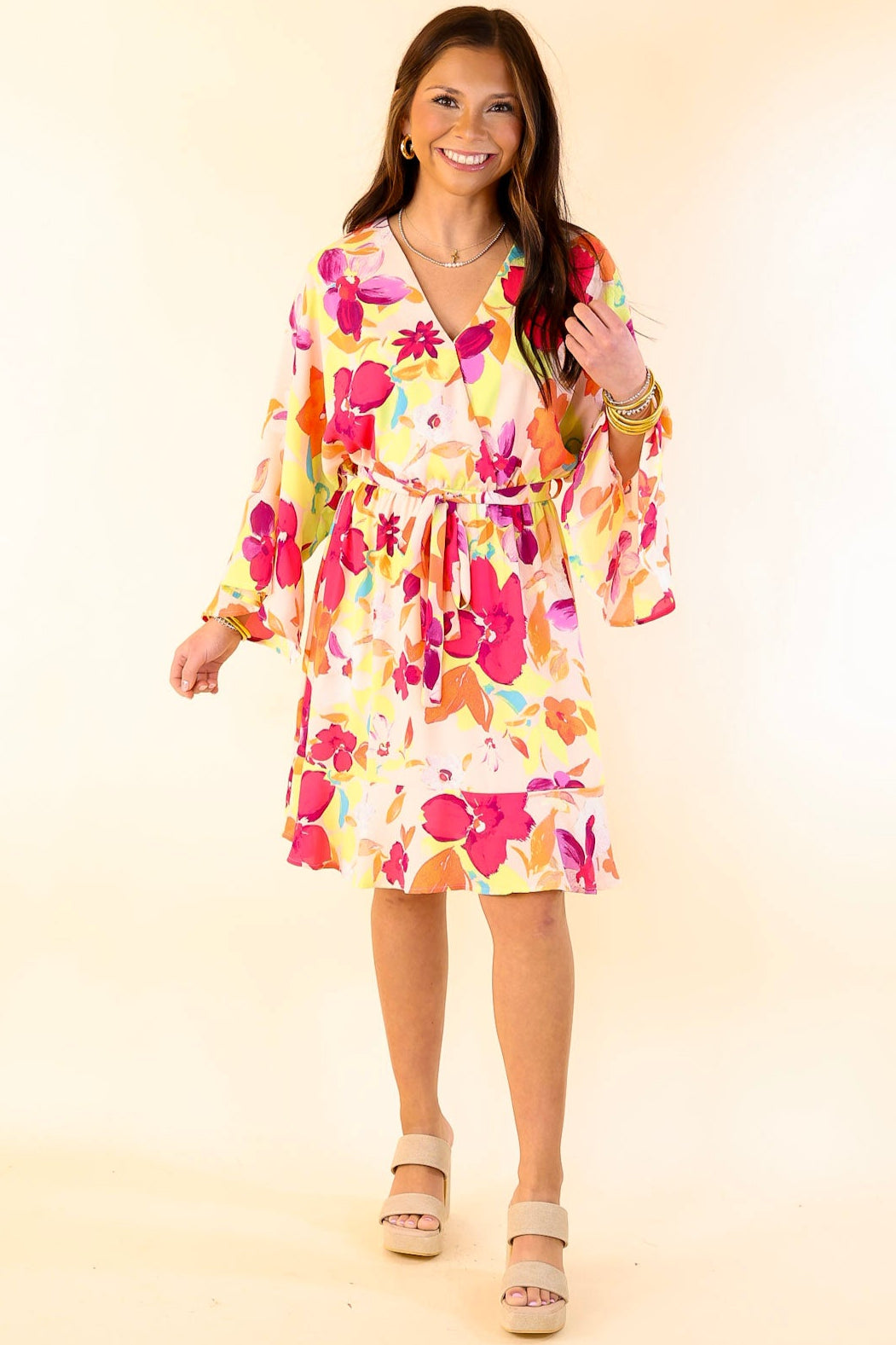 Premium Floral Ruffle Sleeve V-Neck Dress with Waist Tie - Blush Pink