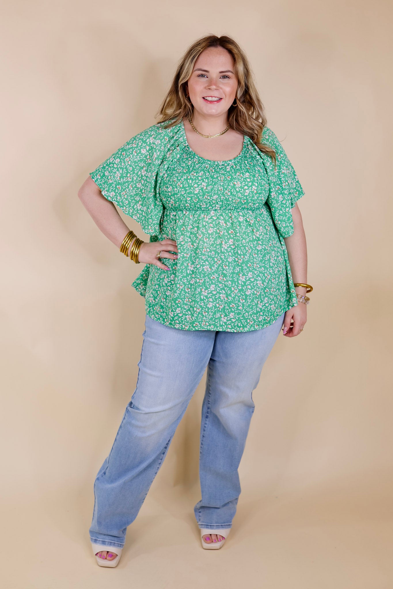 Premium Floral Smocked Top - Green Coastal Chic