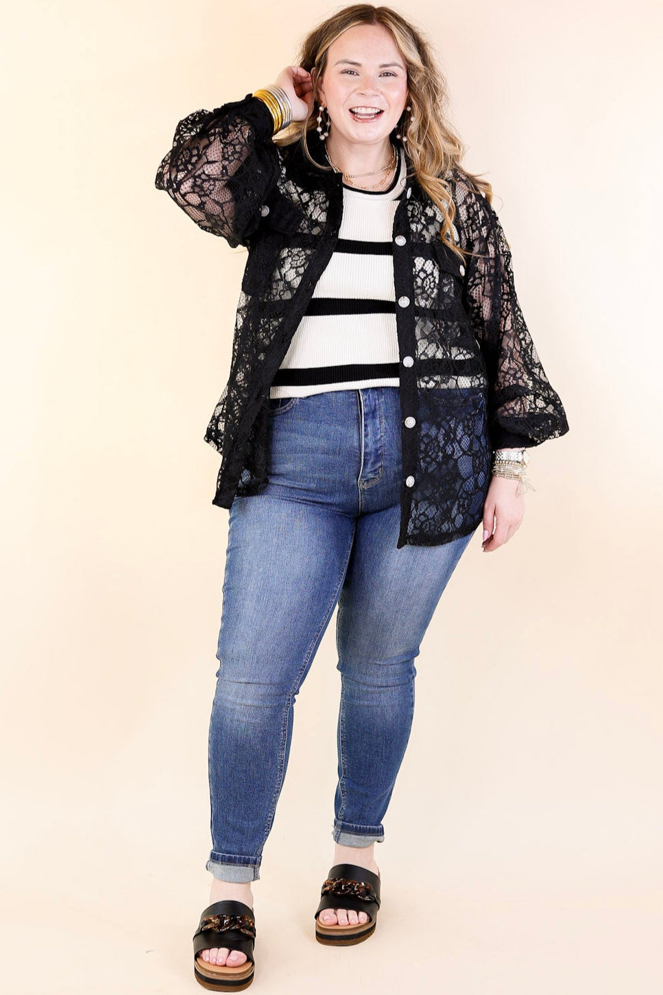 Ultimate Sheer Elegance: Black Lace Collared Button-Up Top