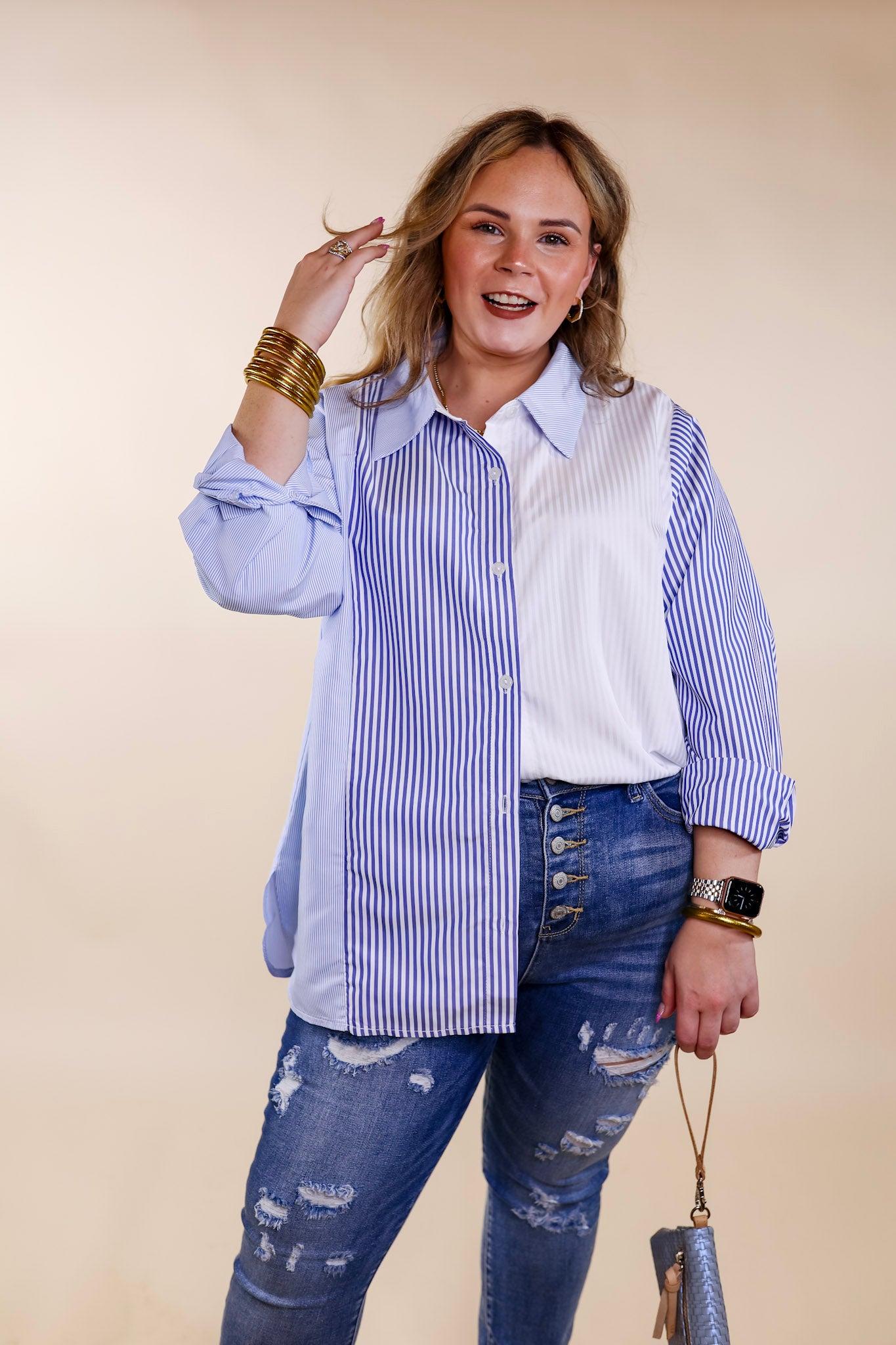 Premium Pin Stripe Color Block Button-Up Top - Blue & White
