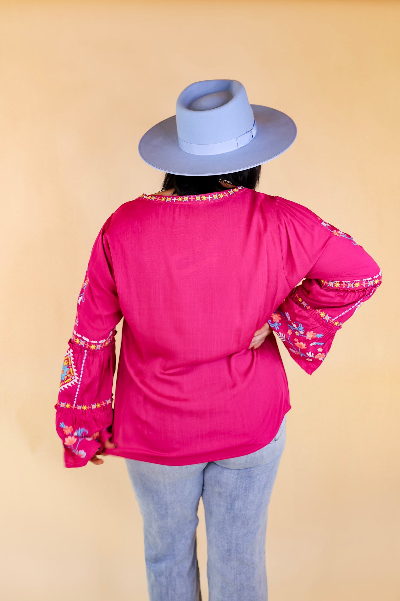 Premium Floral Embroidered Top - Long Bell Sleeves in Vibrant Magenta
