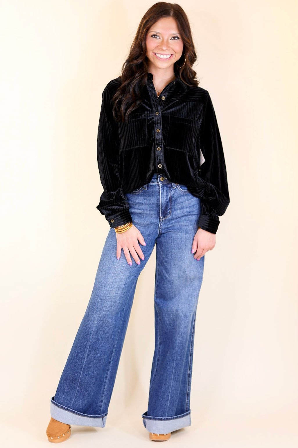Premium Velvet Luxe Striped Button-Up Top - Black