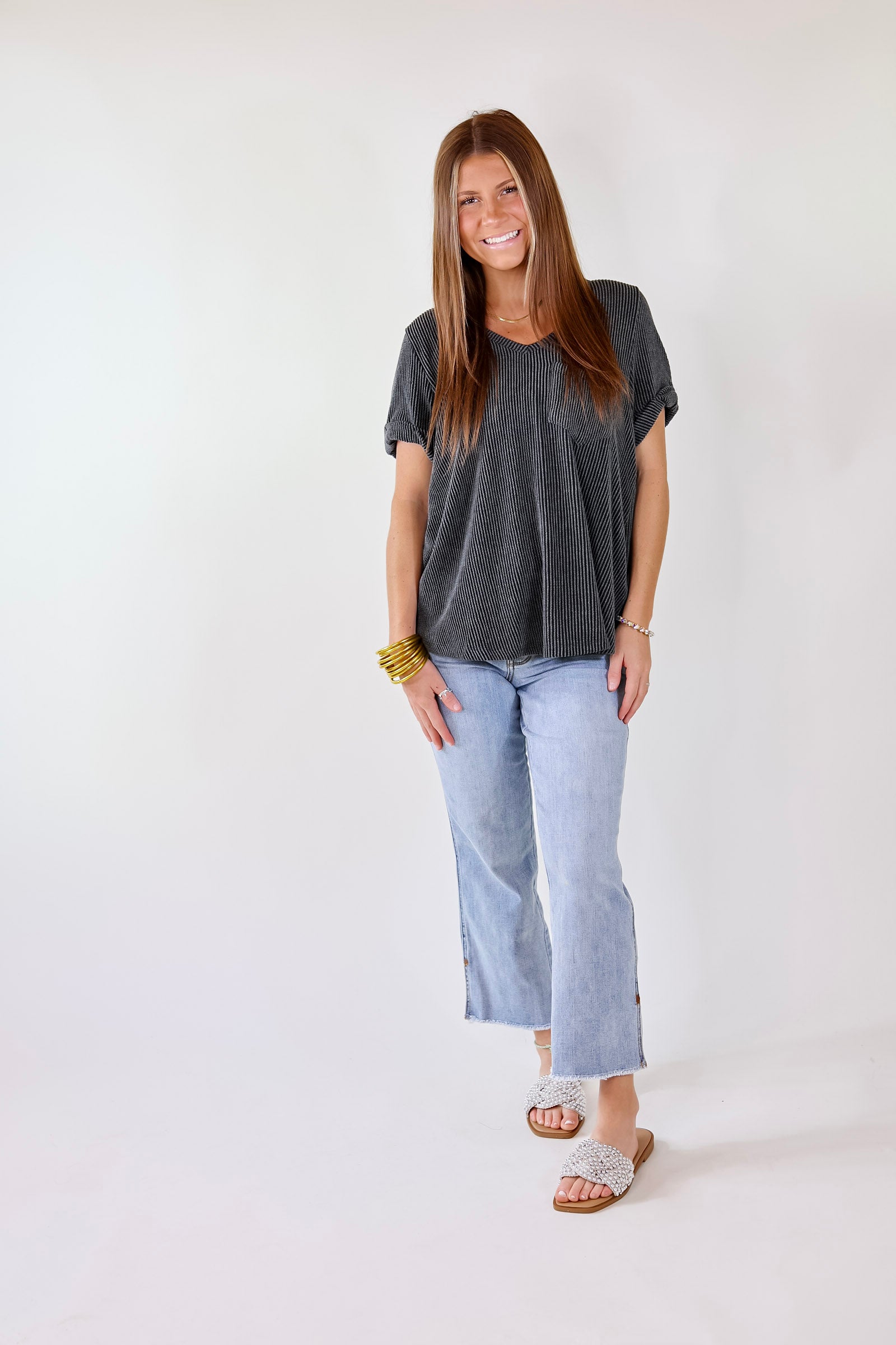 Premium True Love Ribbed Short Sleeve Top with Front Pocket - Charcoal Black