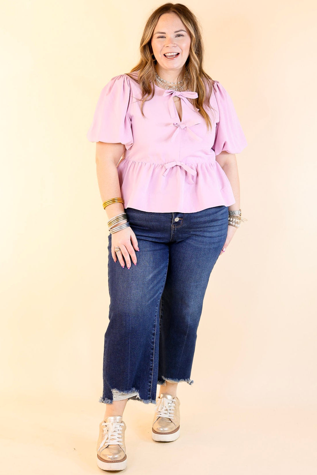 Premium Baby Pink Bow Tie Puff Sleeve Top