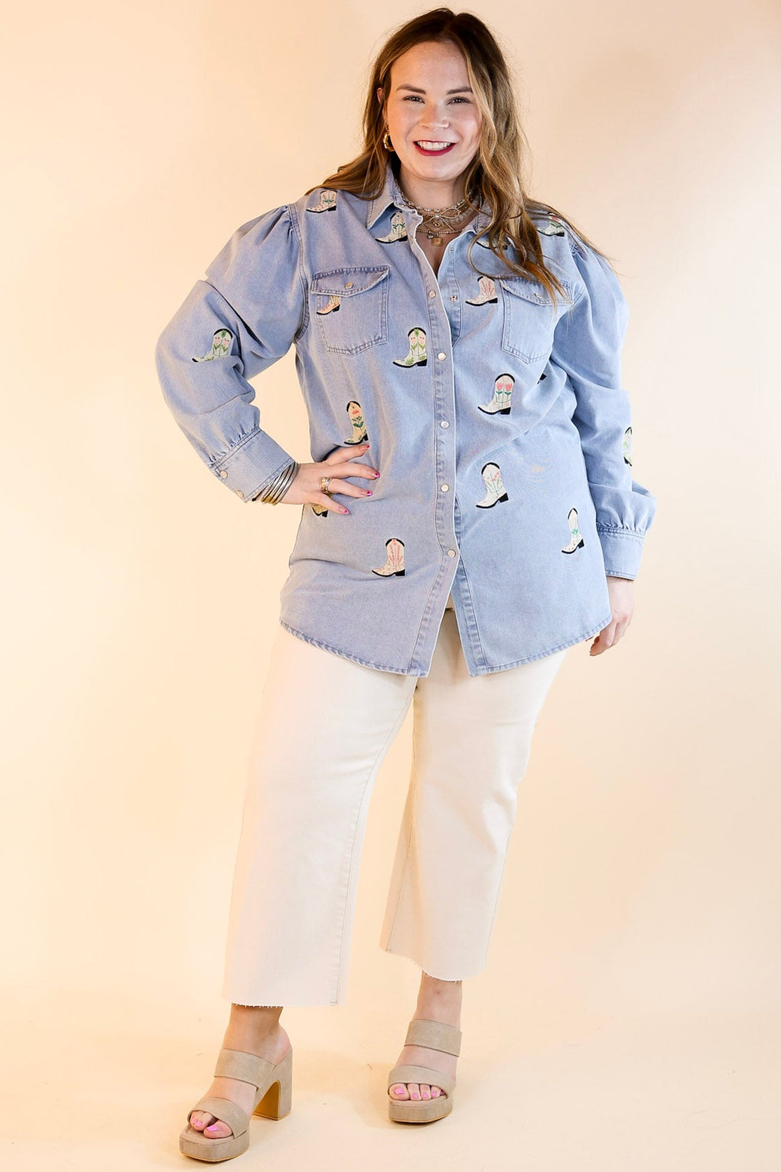 Premium Cowgirl Charm Denim Shirt with Embroidered Boot Icons