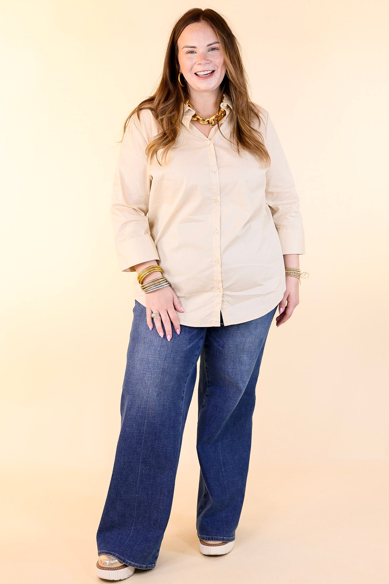 Premium Simply Chic Collared Button-Up Blouse | 3/4 Sleeves | Cream