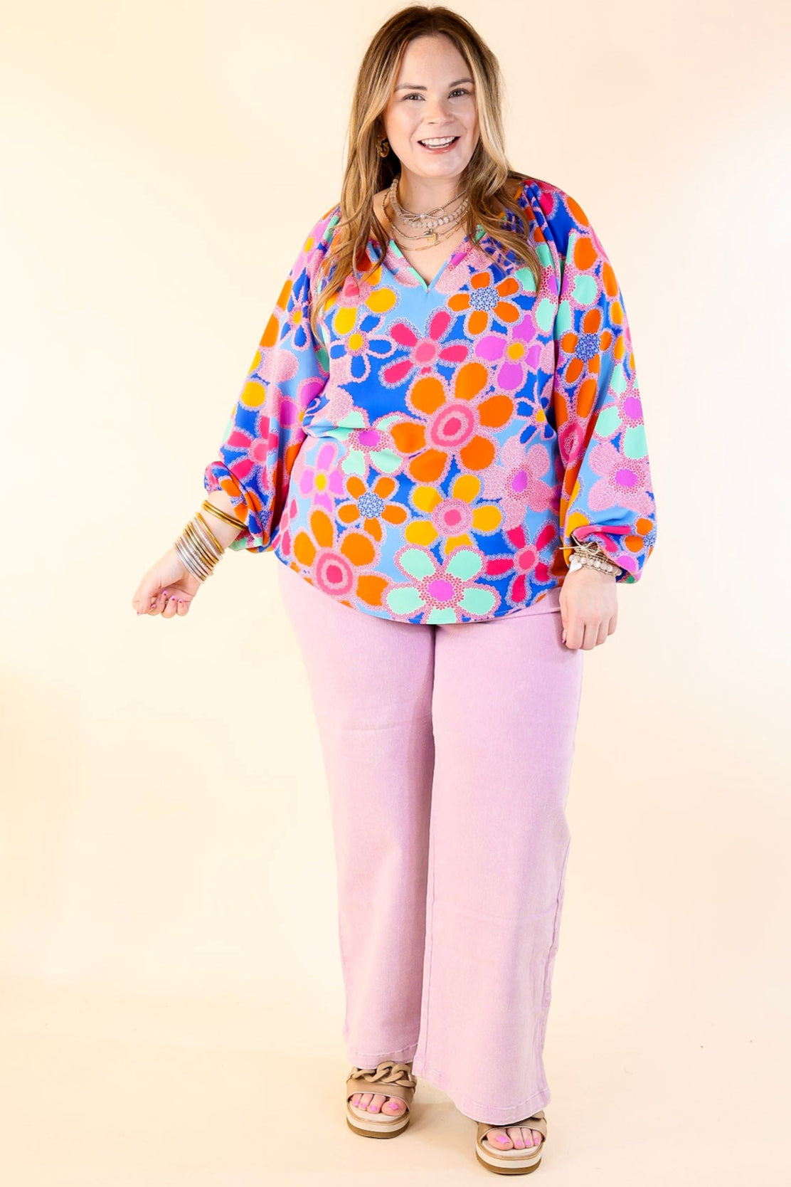 Premium Floral Print Blouse with Notched Neckline - Blue