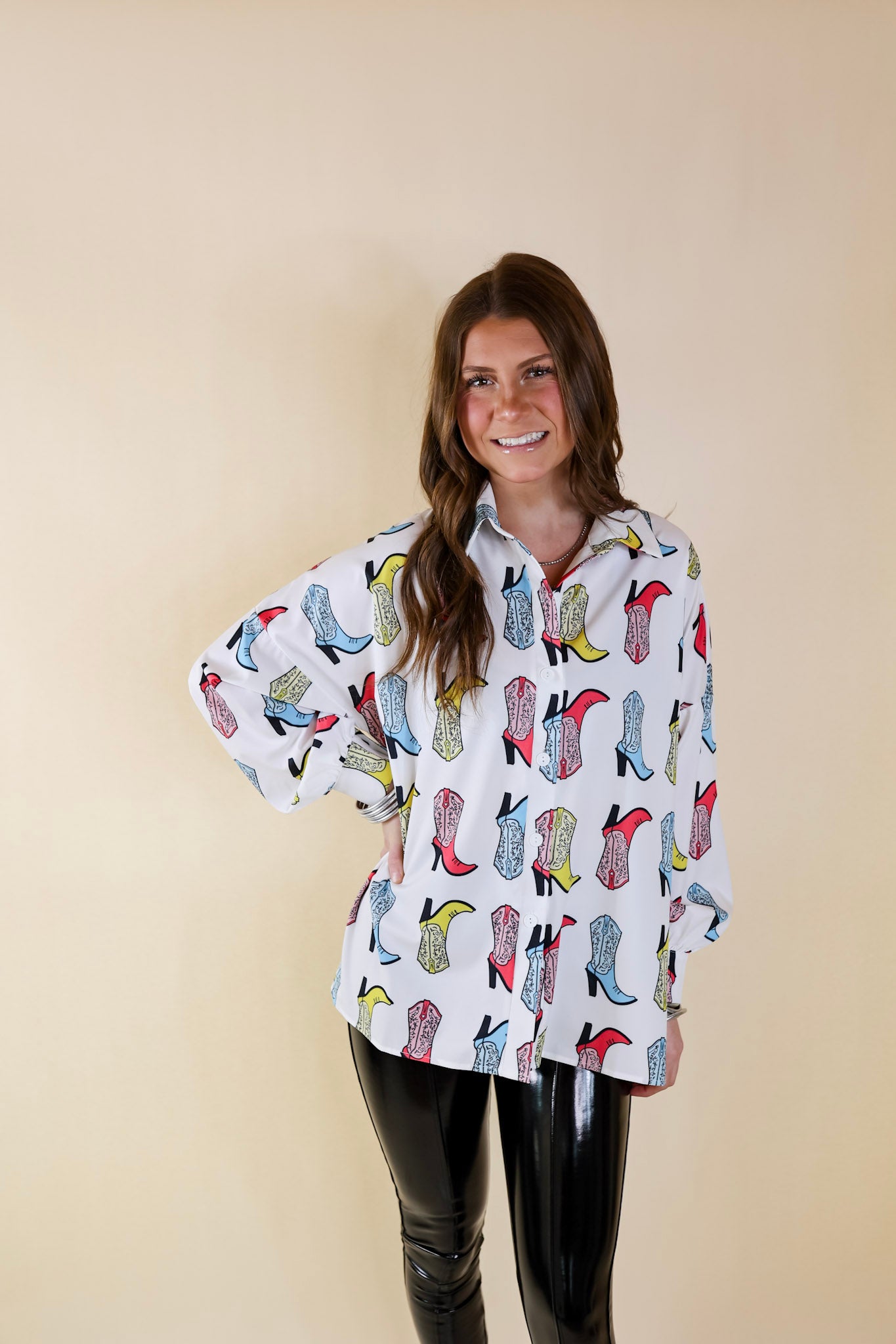 Ultimate Cowgirl Chic Button-Up Top - Multi-Color Boot Print in White