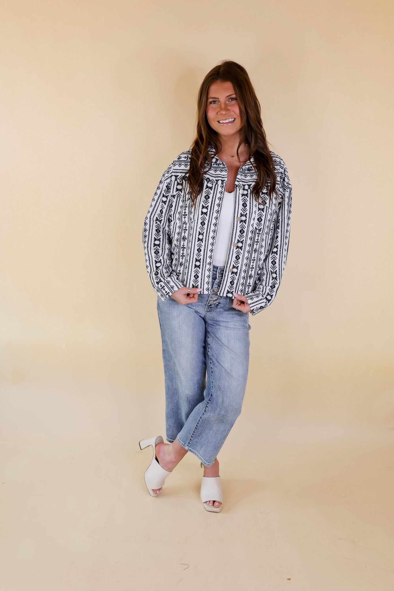 Premium White Corduroy Tribal Print Shacket - Ultimate Style Upgrade