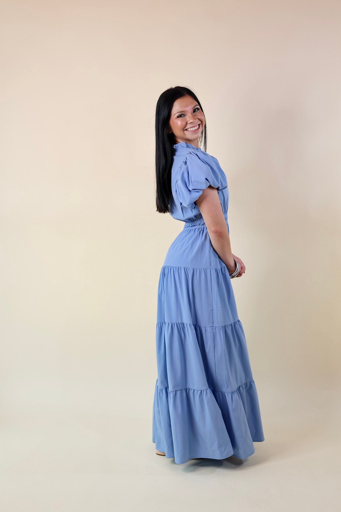 Ultimate 'Table for Two' Tiered Maxi Dress - Chambray Blue with Puff Sleeves