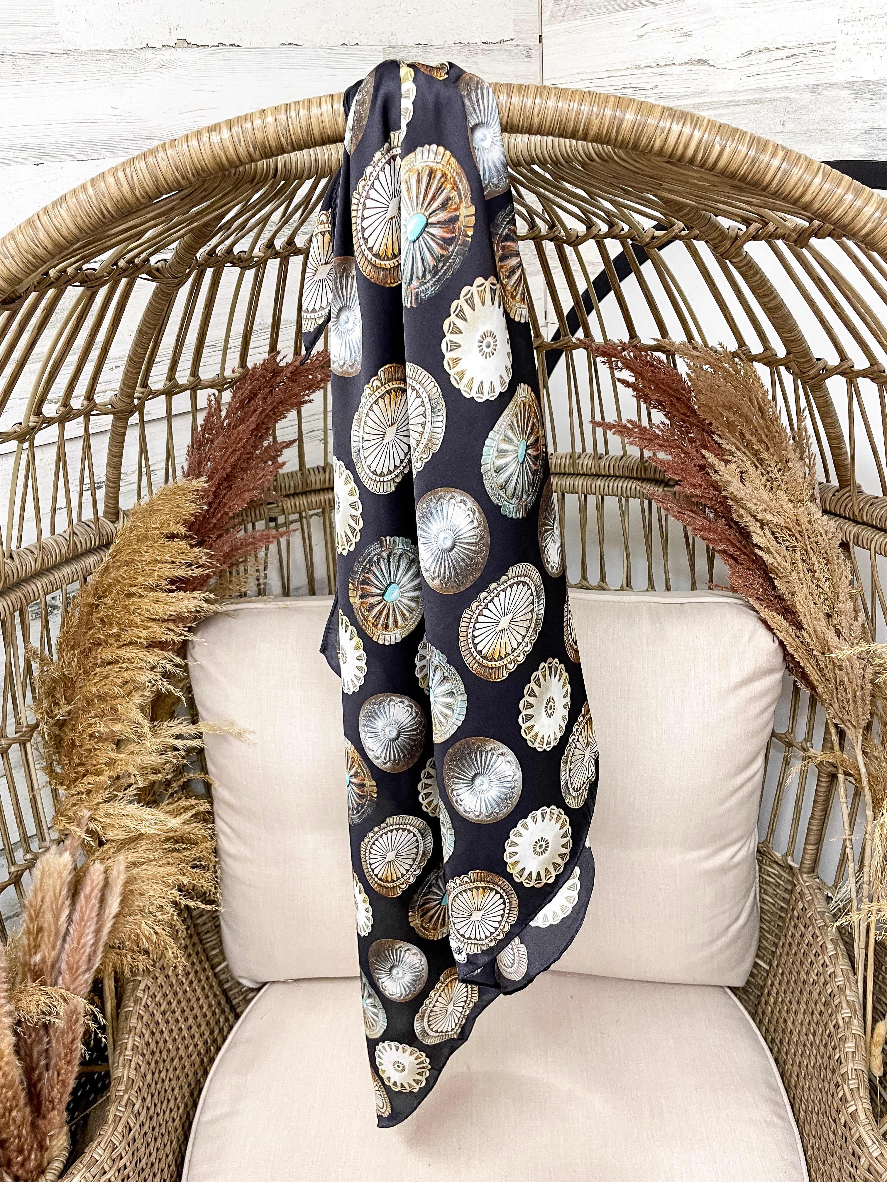 Premium Big Concho Wild Rag Scarf - Black & Silver Elegance