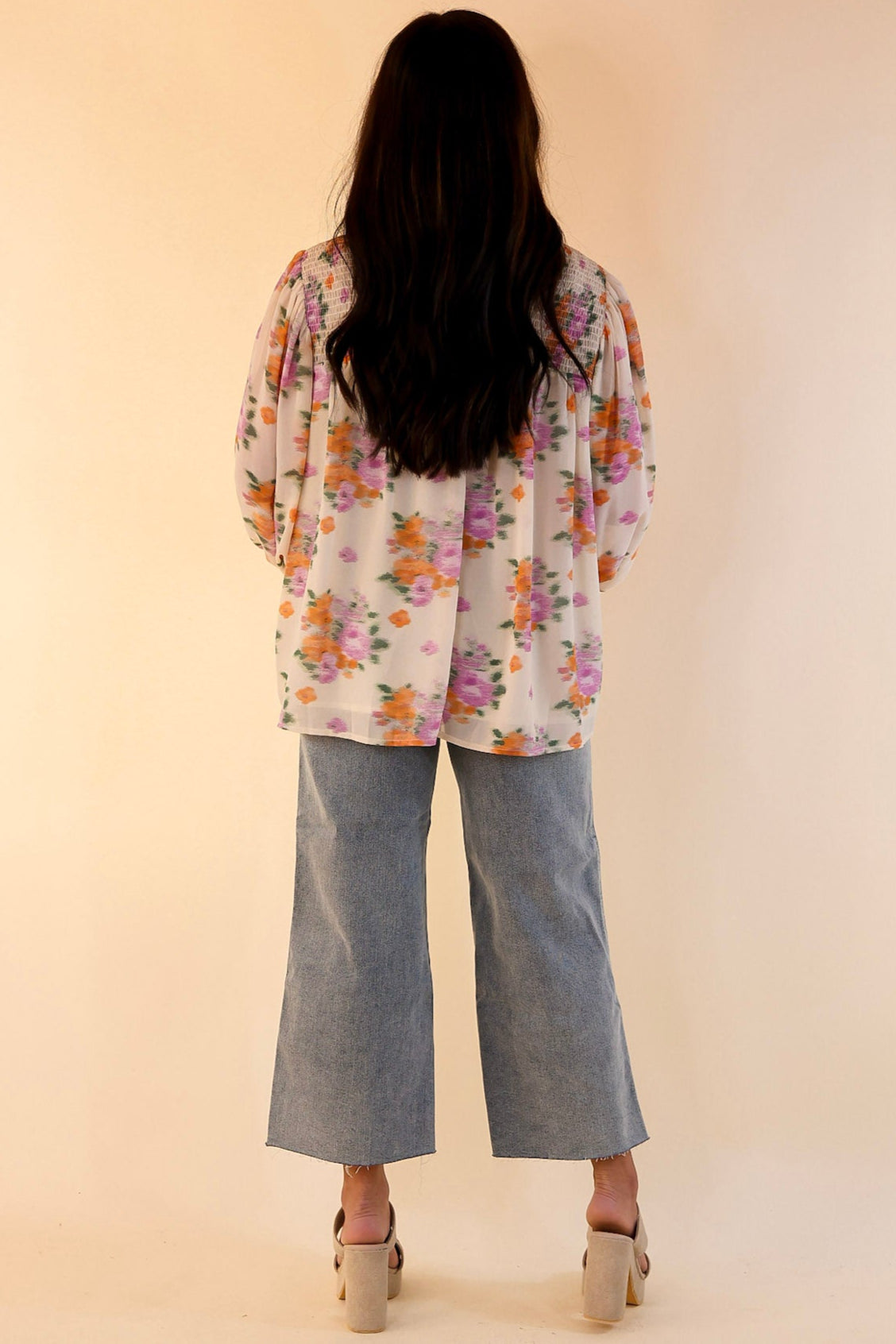 Premium Garden Glow Watercolor Floral Blouse - Elegant High Neckline in Ivory
