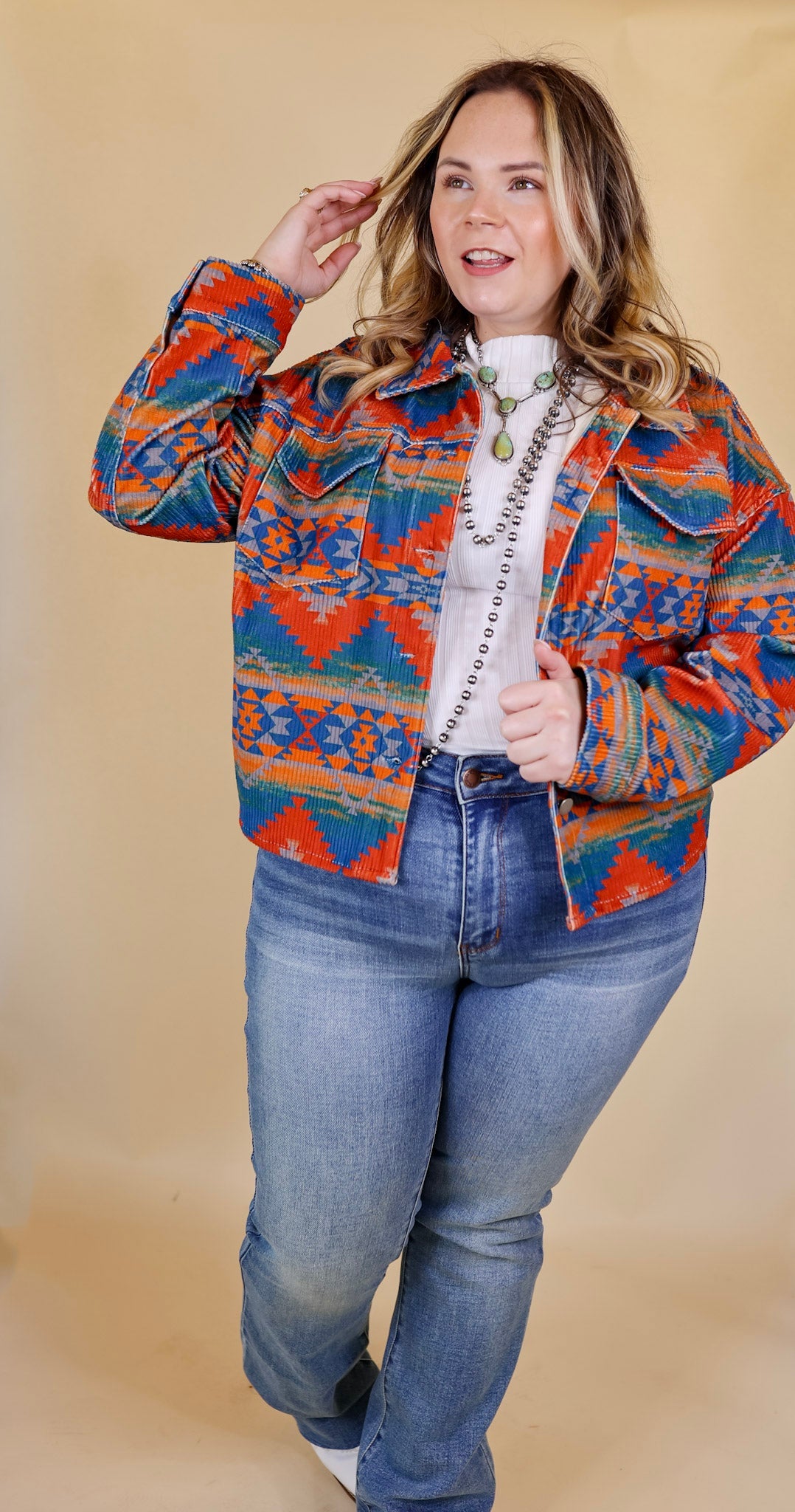 Premium Corduroy Aztec Print Shacket - Red & Blue