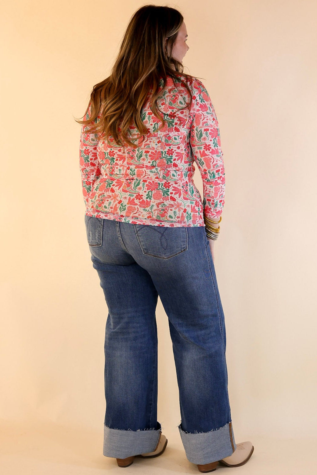 Premium Western Dream Mesh Long Sleeve Top - Pink Floral Print