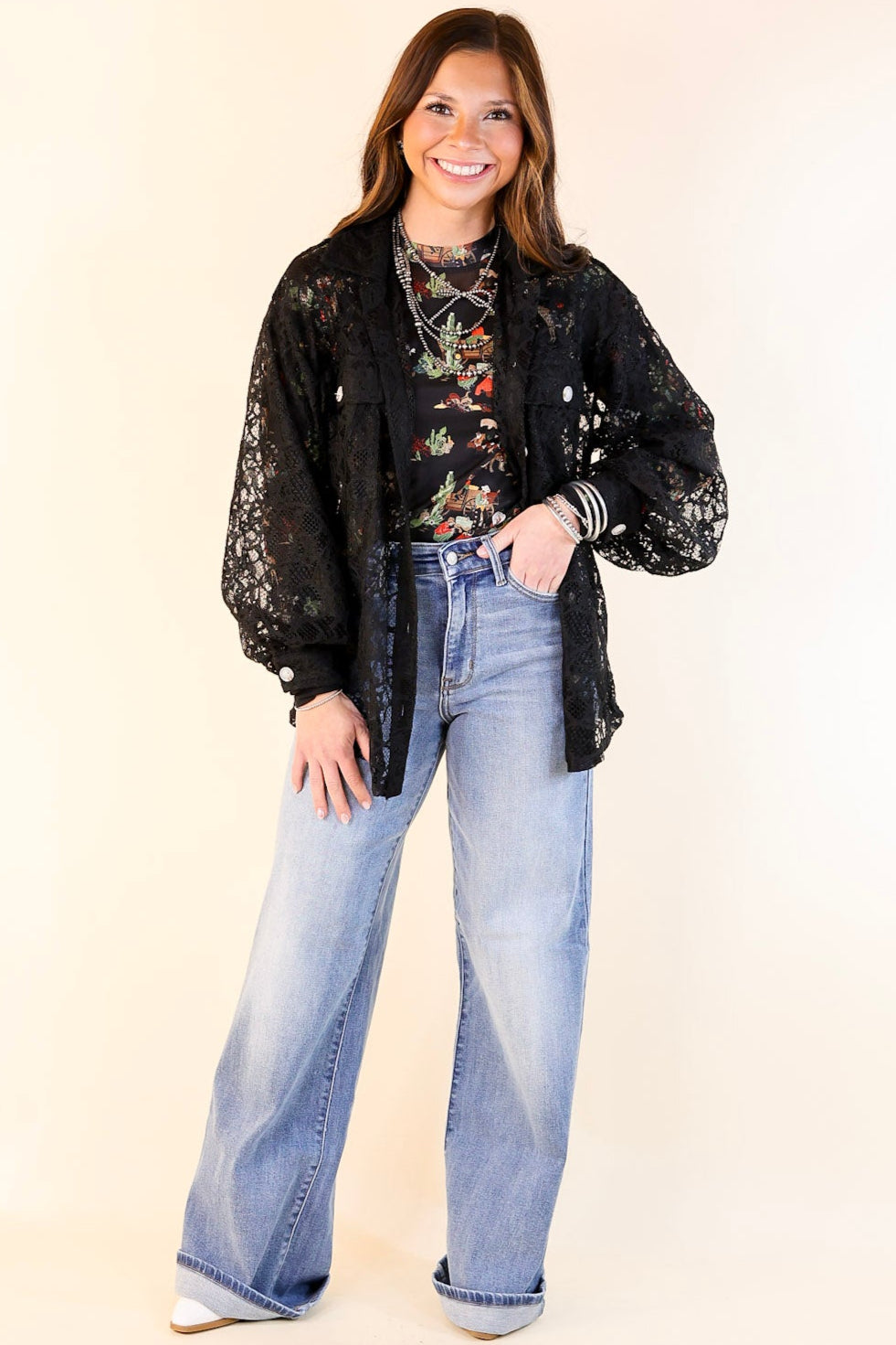 Ultimate Sheer Elegance: Black Lace Collared Button-Up Top