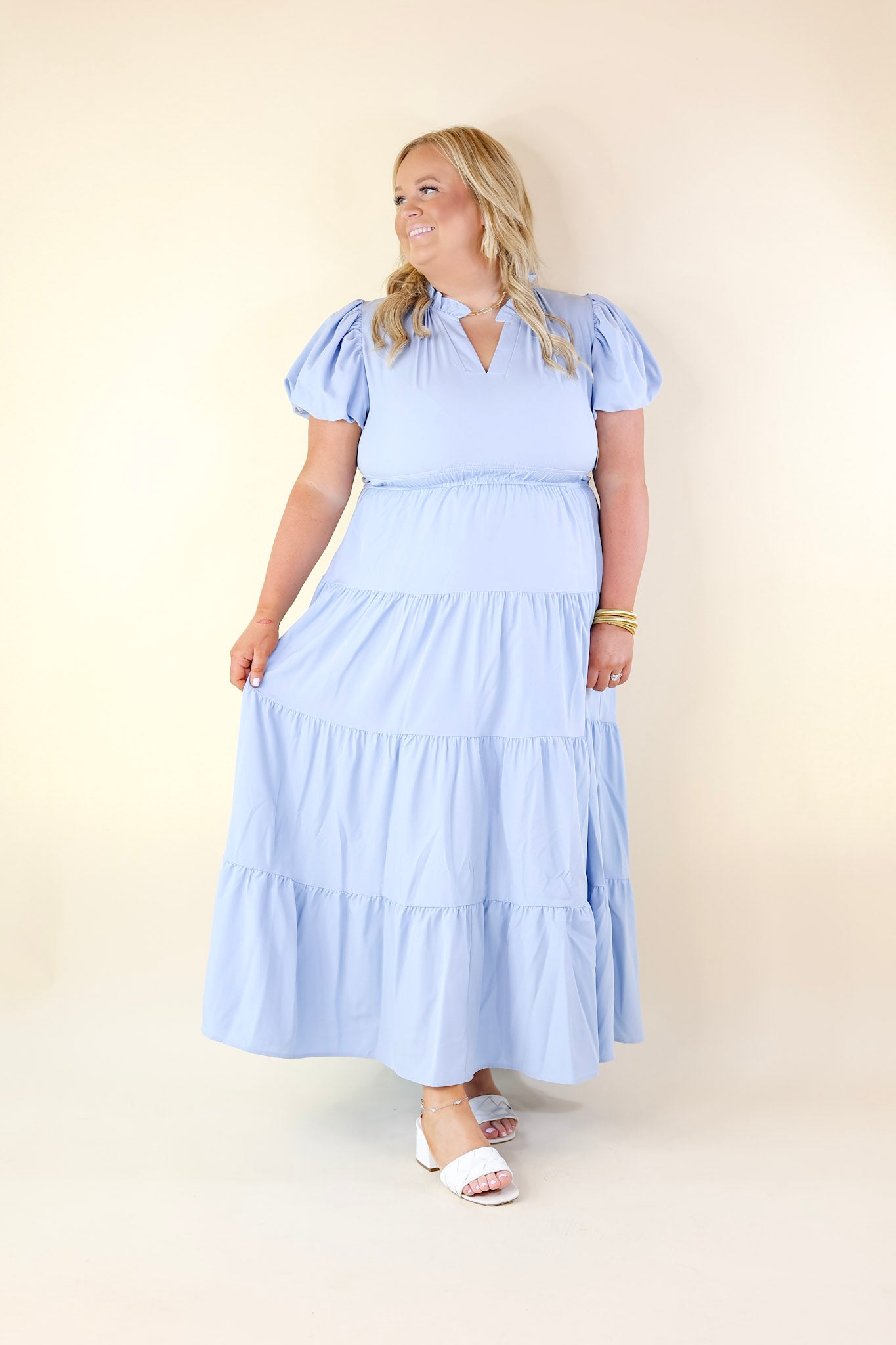 Ultimate 'Table for Two' Tiered Maxi Dress - Chambray Blue with Puff Sleeves