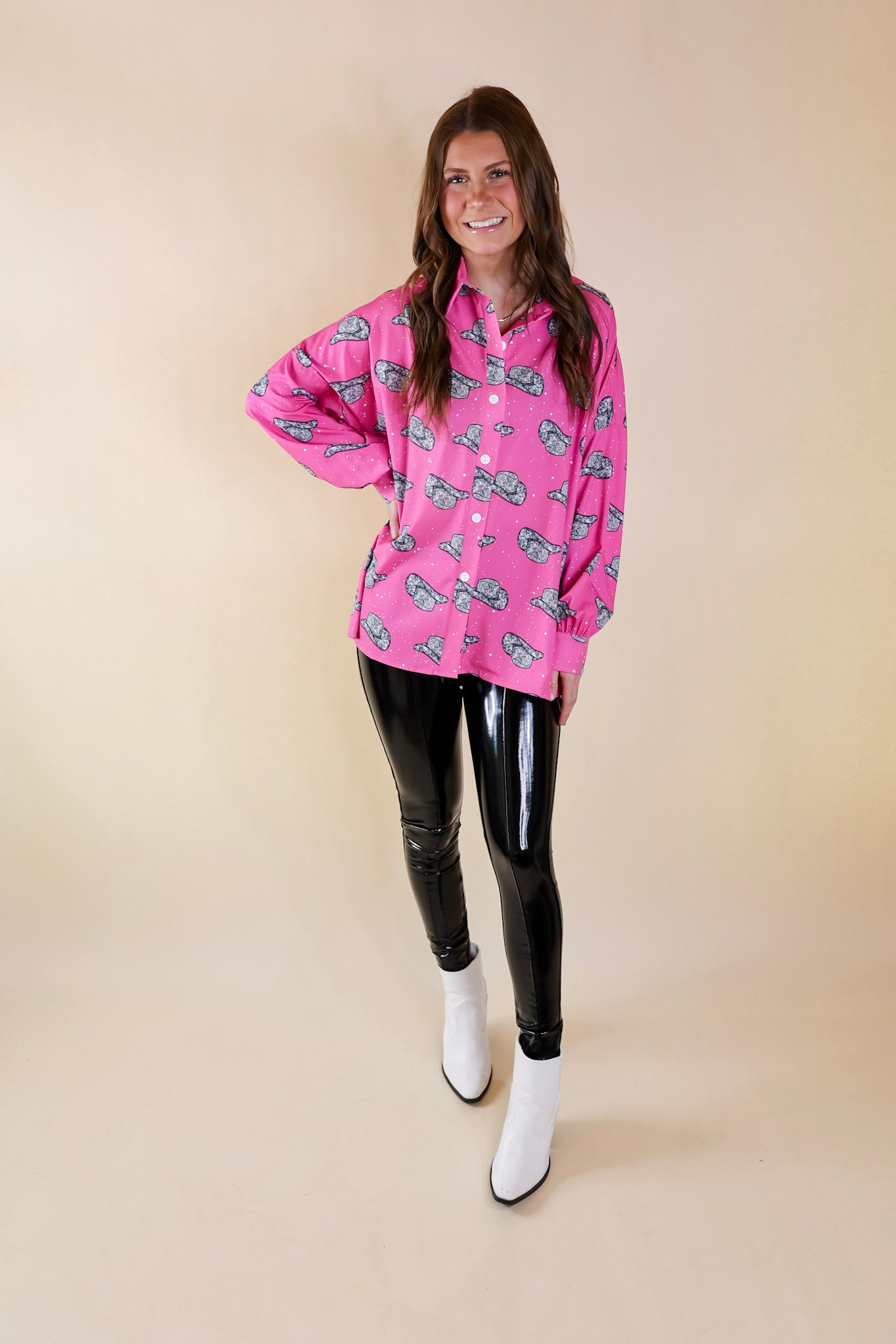 Premium Disco Cowboy Hat Print Button-Up Top - Pink