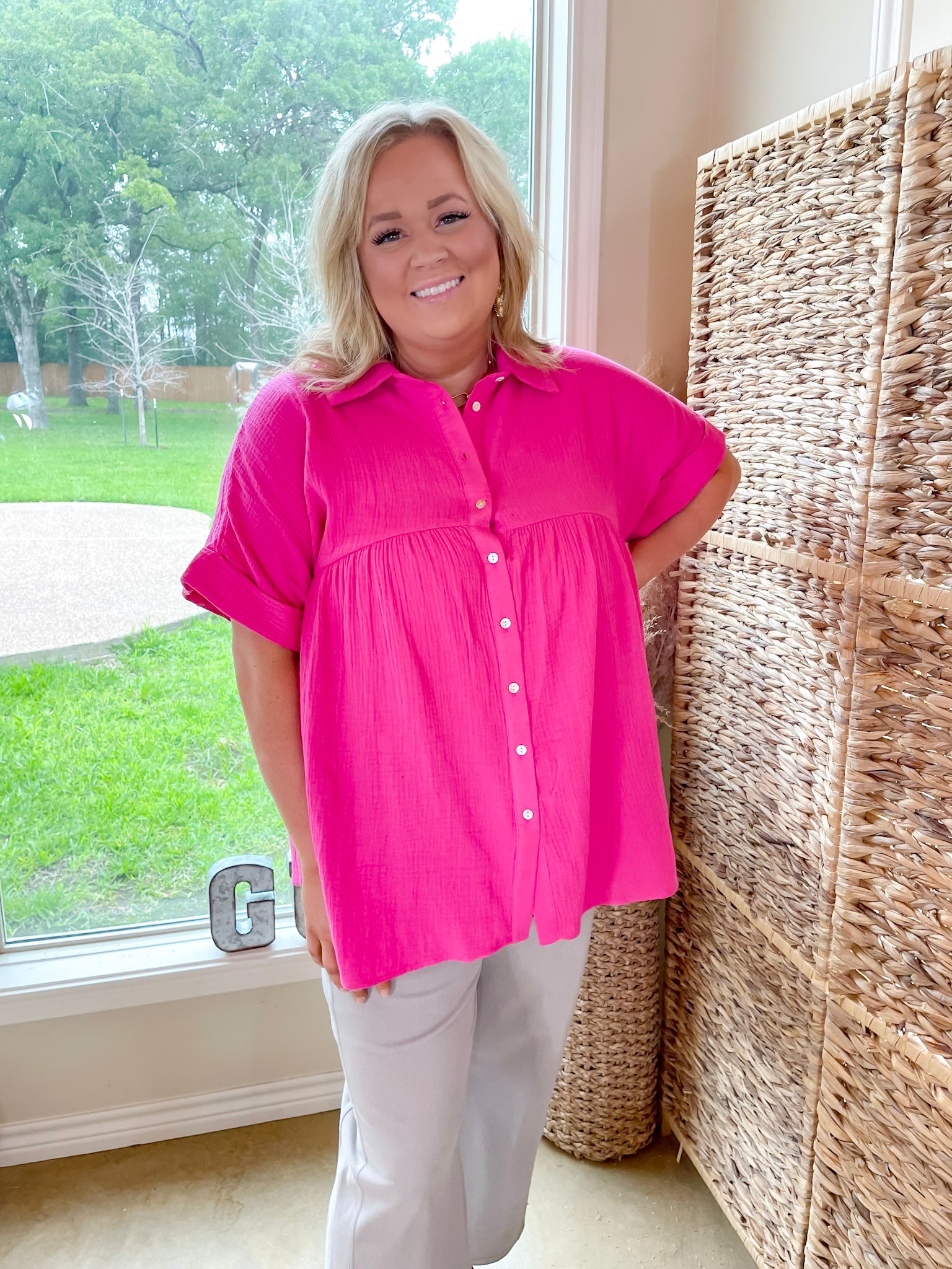 Premium Mellow Mood Collared Button-Up Babydoll Top - Hot Pink
