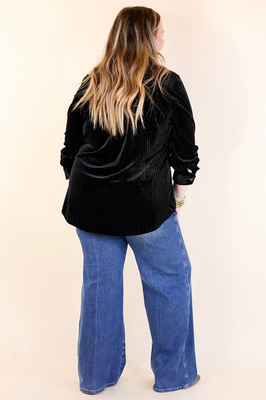 Premium Velvet Luxe Striped Button-Up Top - Black
