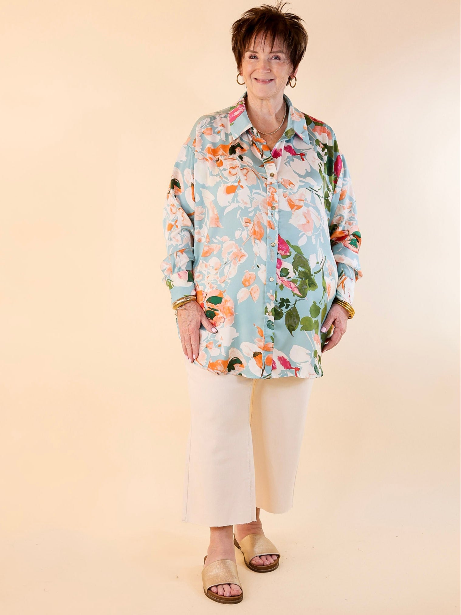 Premium Light Blue Floral Long Sleeve Button-Up Top – Spring & Summer Essential