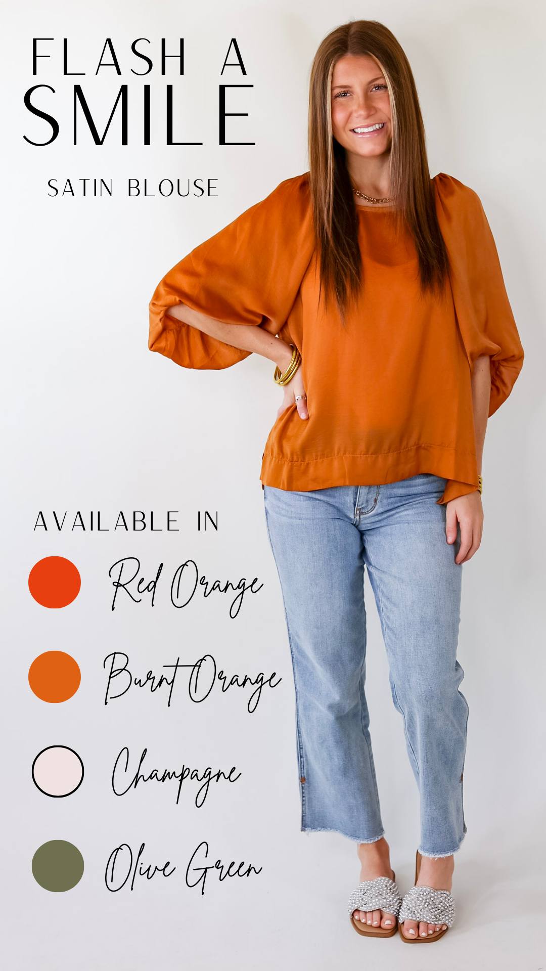Premium Flash A Smile Balloon Sleeve Satin Blouse - Burnt Orange