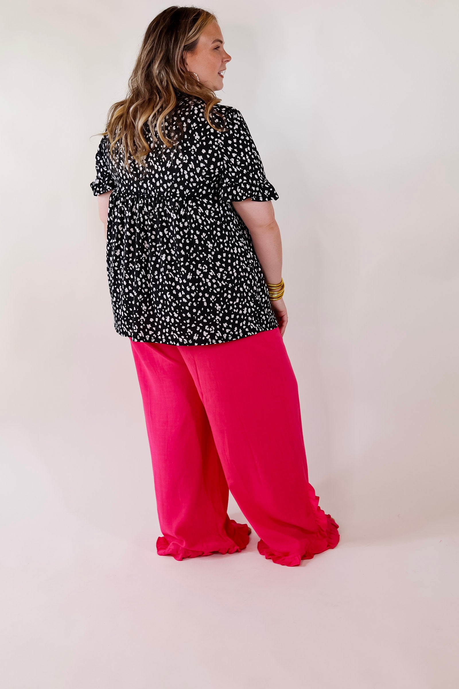 Premium Cheetah Print Babydoll Top - Black with Keyhole & Tie Neckline