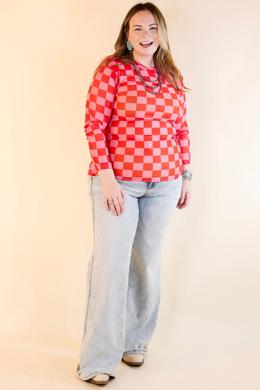Premium Western Dream Checkered Mesh Long Sleeve Top - Pink & Red