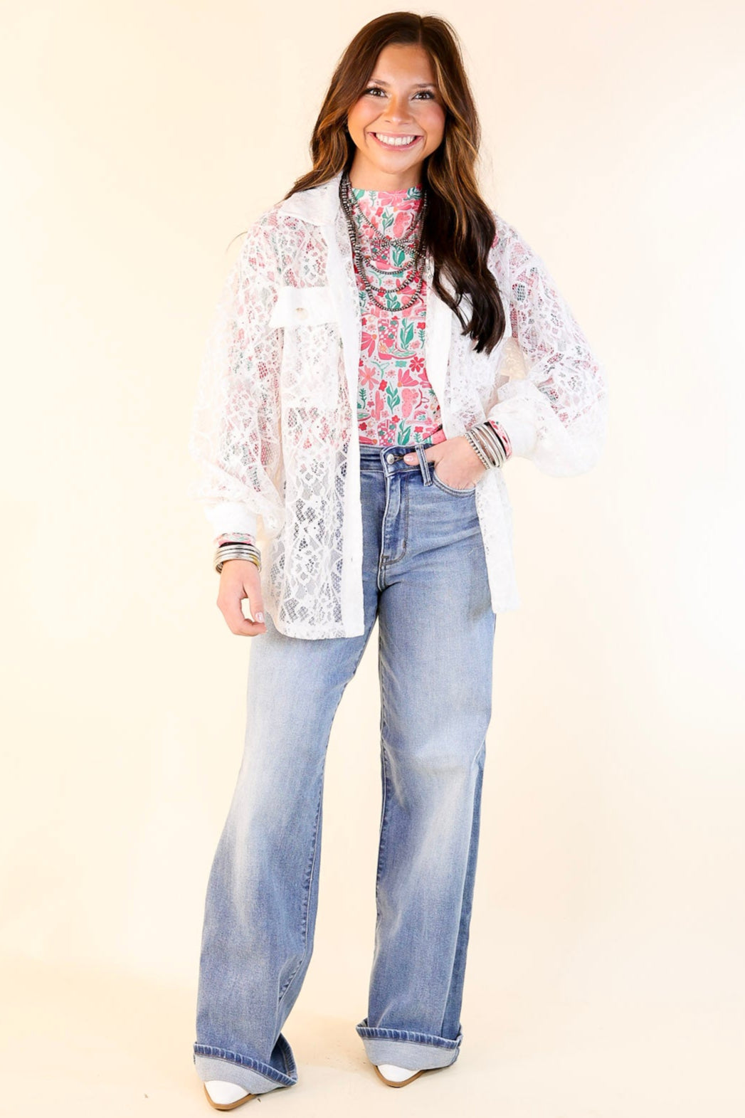 Premium Sheer Chic Lace Button-Up Top - Ultimate Elegance in White