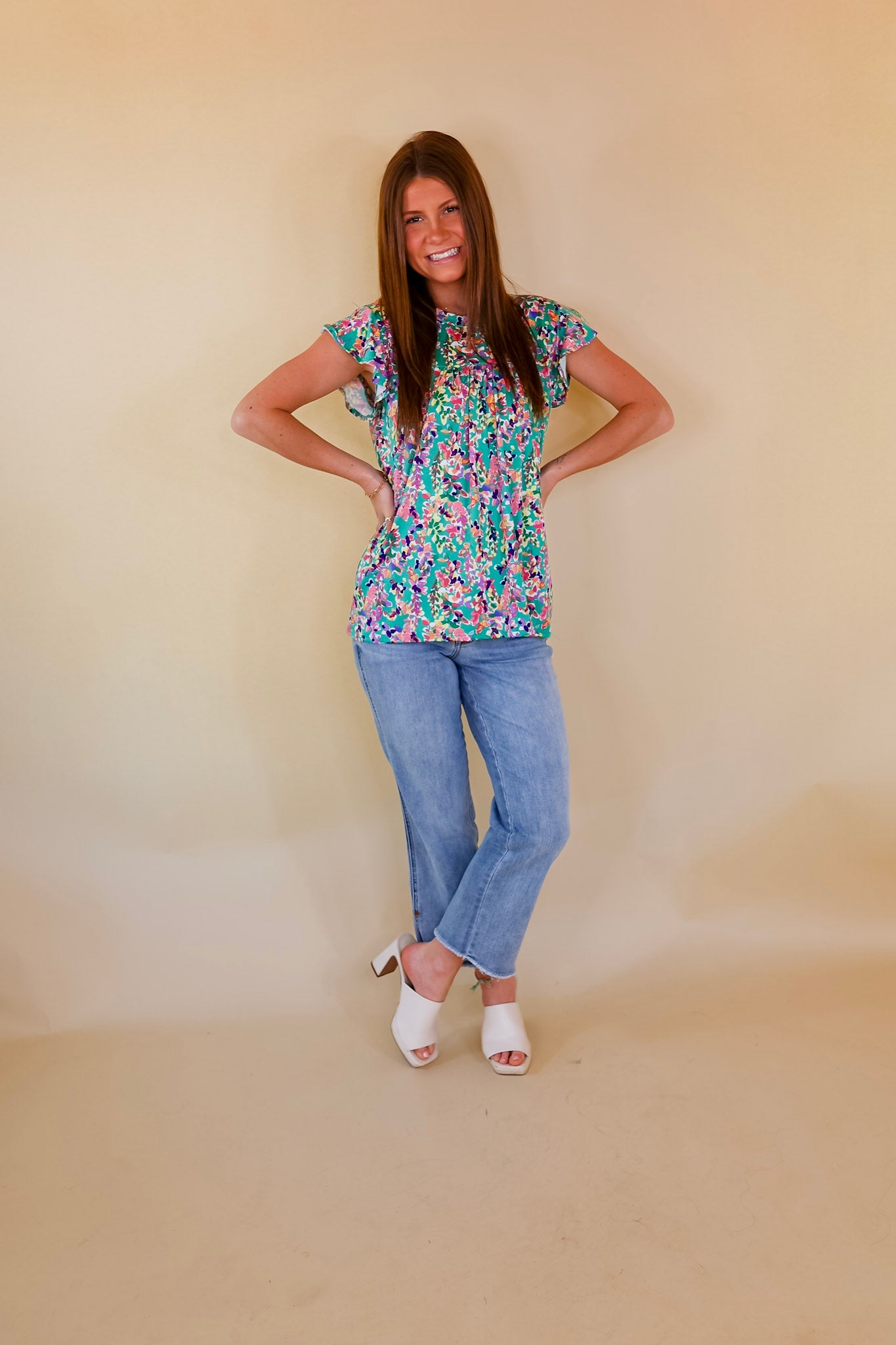 Premium Garden Glory Floral Ruffle Top - Spring Green Elegance