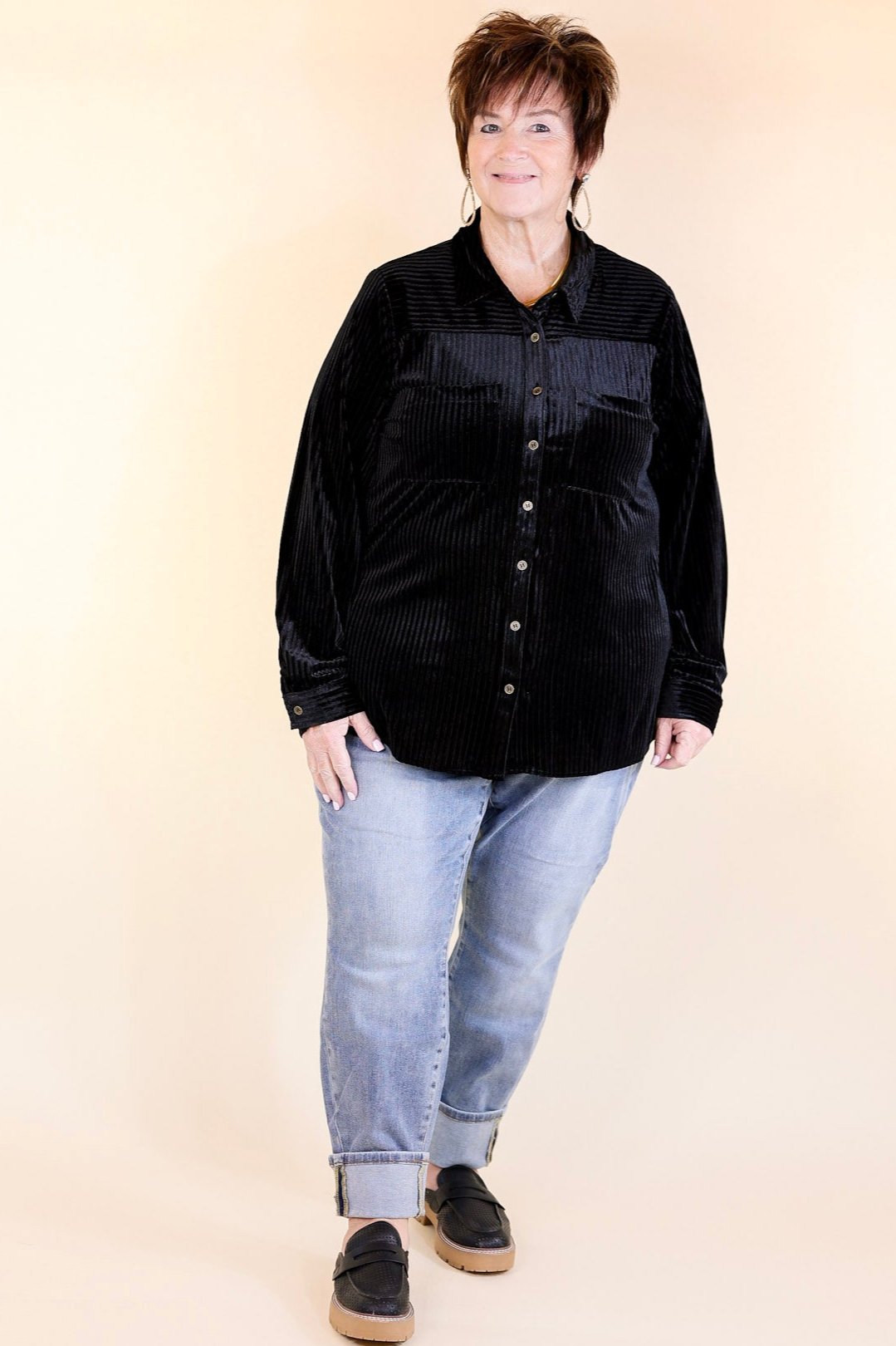 Premium Velvet Luxe Striped Button-Up Top - Black