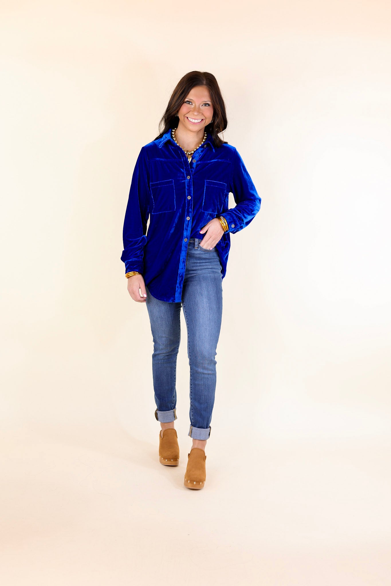 Premium Velvet Royal Blue Button-Up Blouse for Evening Elegance