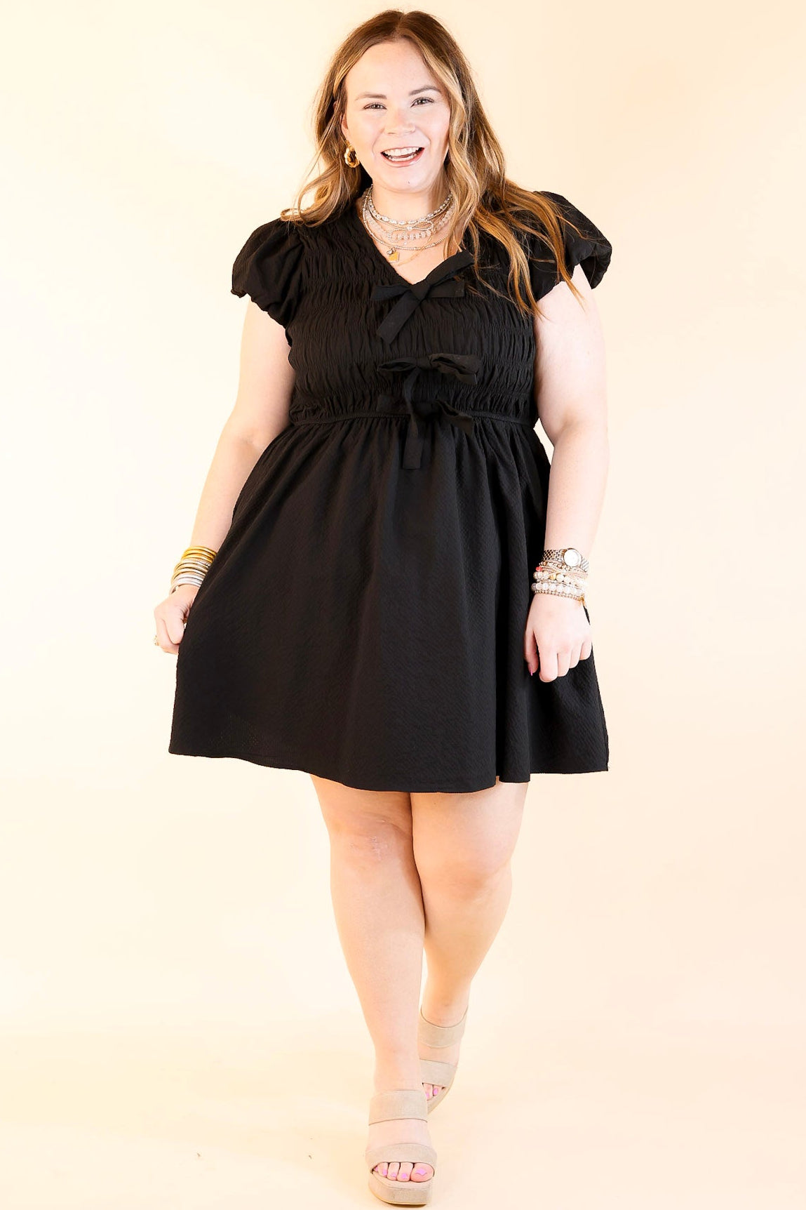 Premium Elegance Cap Sleeve Bow Dress in Black