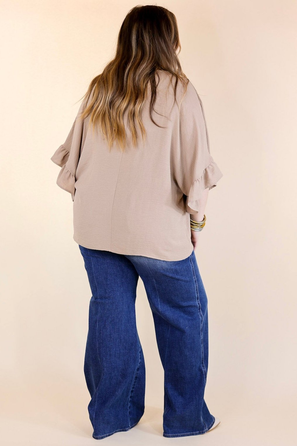 Premium Chic Cascades Tiered V-Neck Ruffle Sleeve Top in Taupe