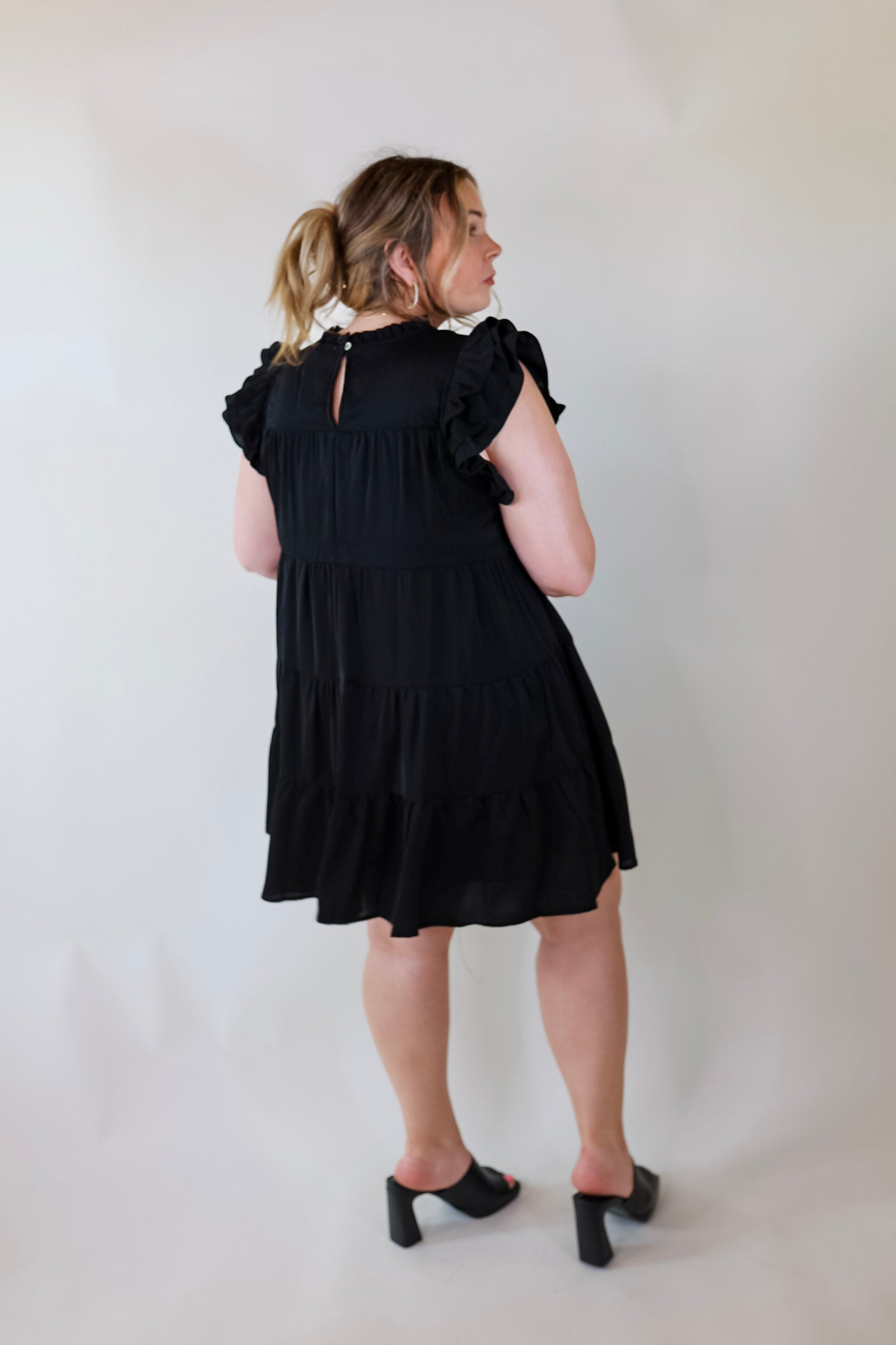Premium Black Ruffle Tiered Dress with Pleated Detailing