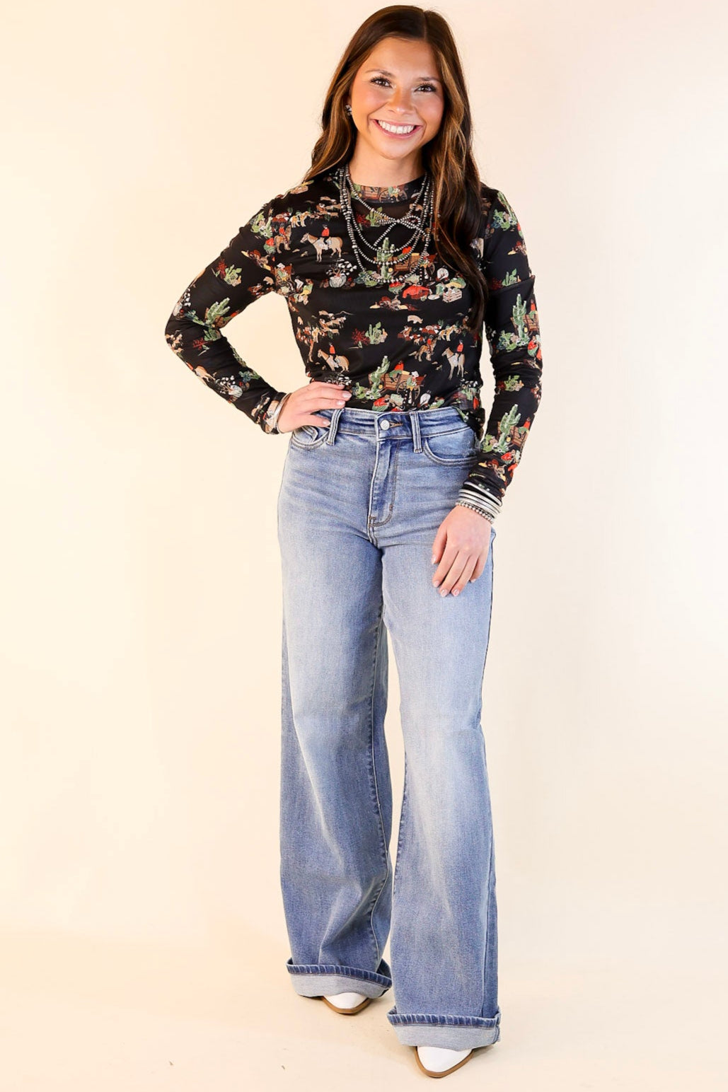 Premium Western Dream Mesh Long Sleeve Top - Retro Black Print