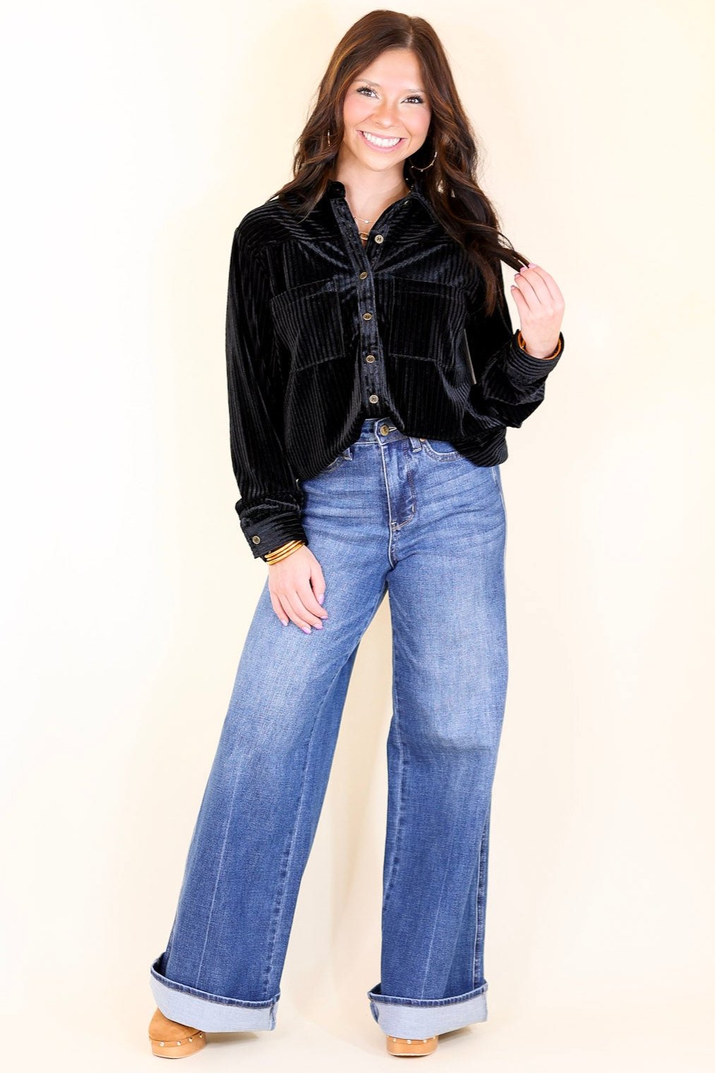 Premium Velvet Luxe Striped Button-Up Top - Black