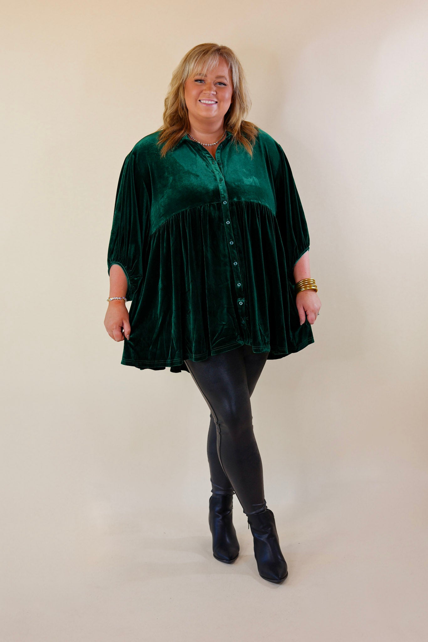 Premium Velvet Babydoll Tunic Top - Emerald Green | Love Link Collection