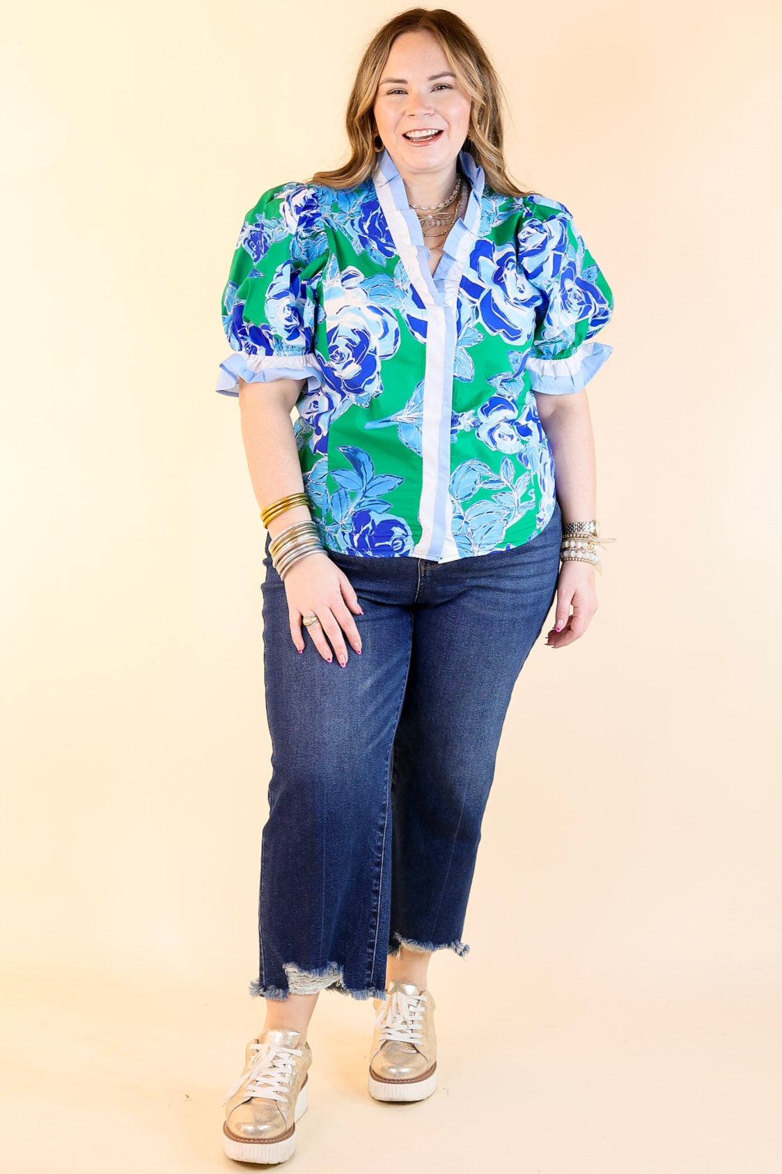 Premium Floral Ruffled V-Neck Top - Green & Blue Elegance