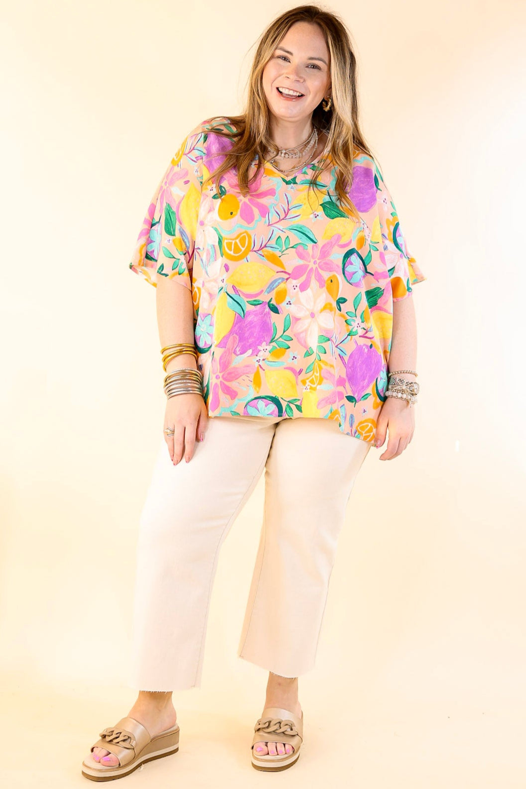 Premium V-Neck Fruit Print Poncho Top in Blush Pink | Ultimate Style Upgrade