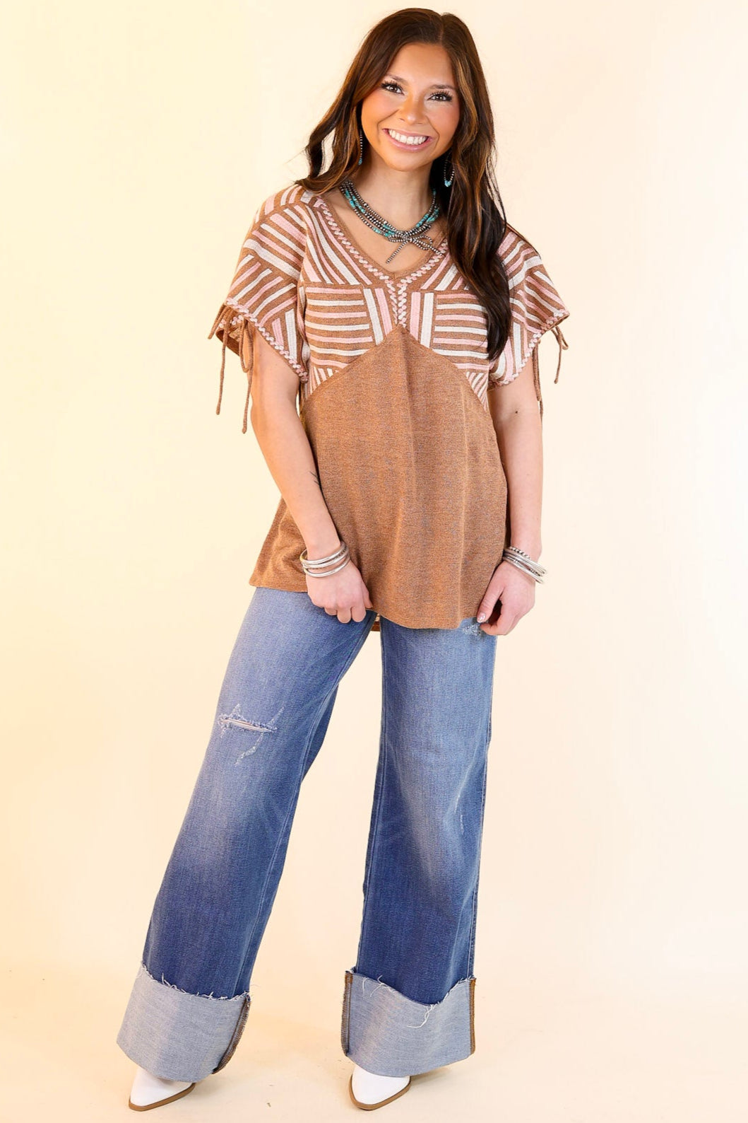 Premium Desert Vibes Embroidered Top with Sleeve Ties - Pink, Ivory & Brown