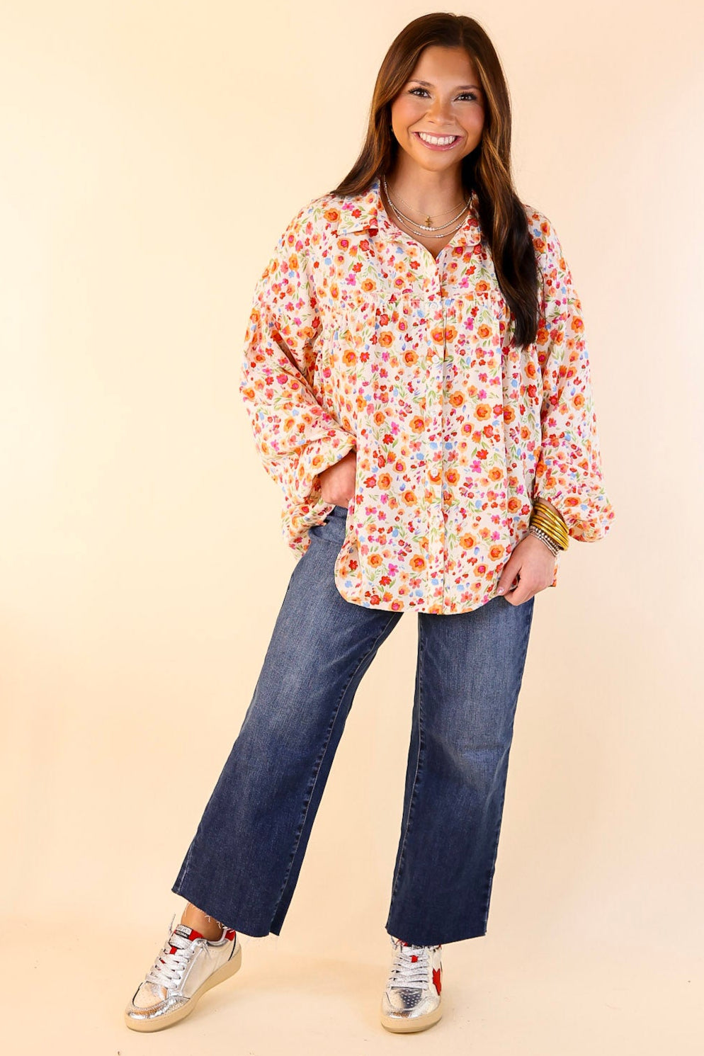 Premium Secret Garden Floral Print Blouse with Elegant Collar and Long Sleeves in Cream