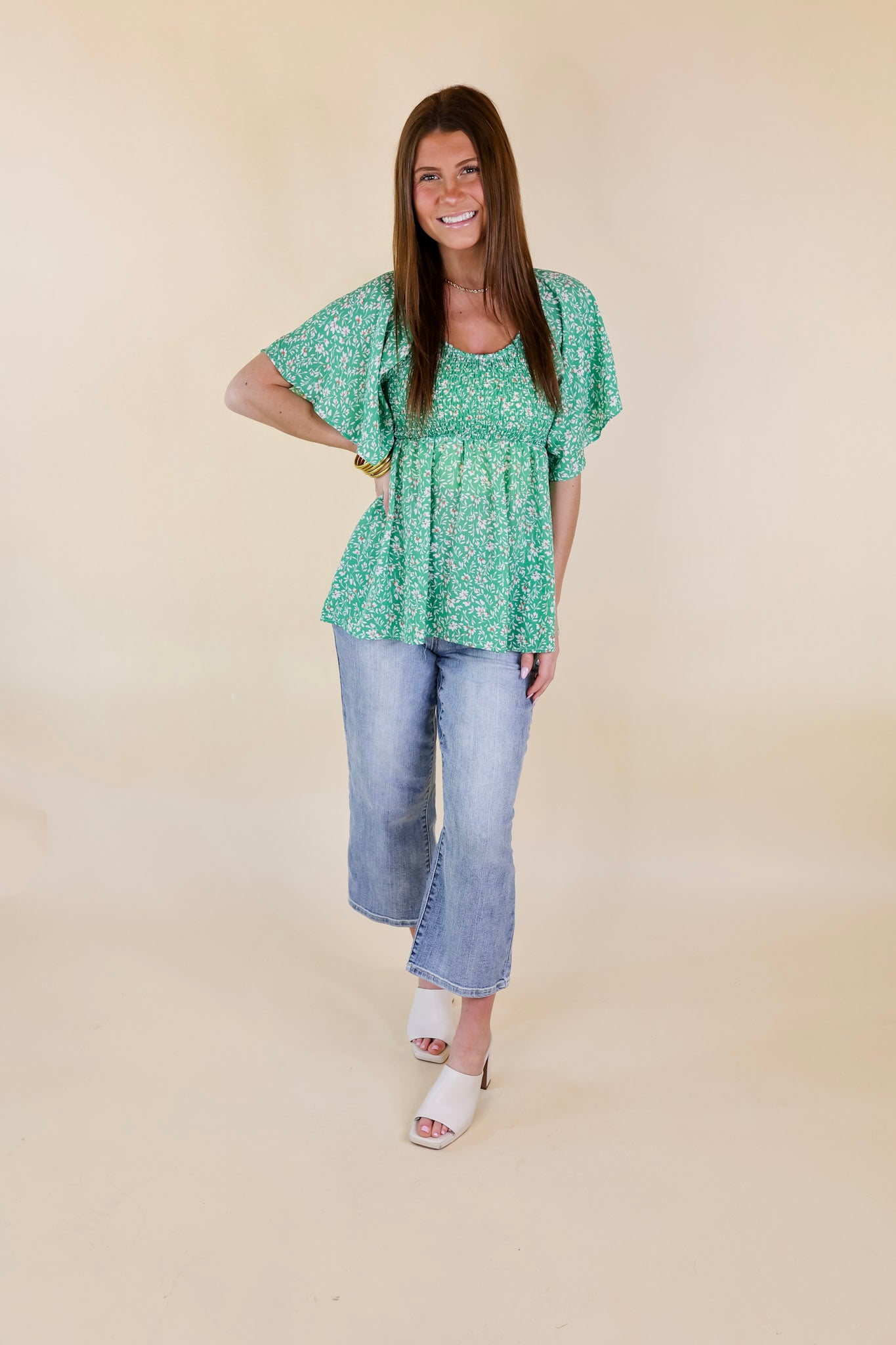 Premium Floral Smocked Top - Green Coastal Chic