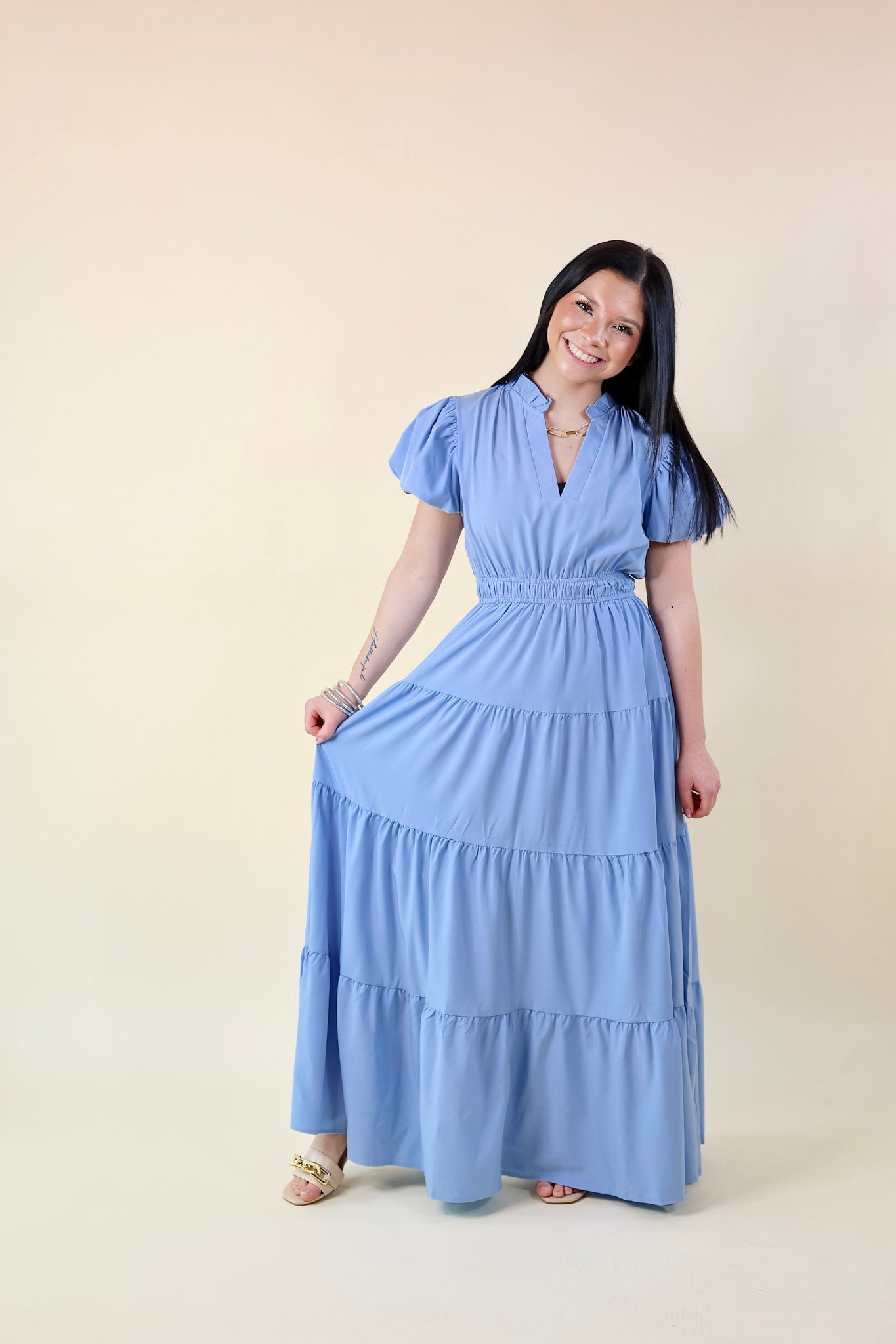 Ultimate 'Table for Two' Tiered Maxi Dress - Chambray Blue with Puff Sleeves
