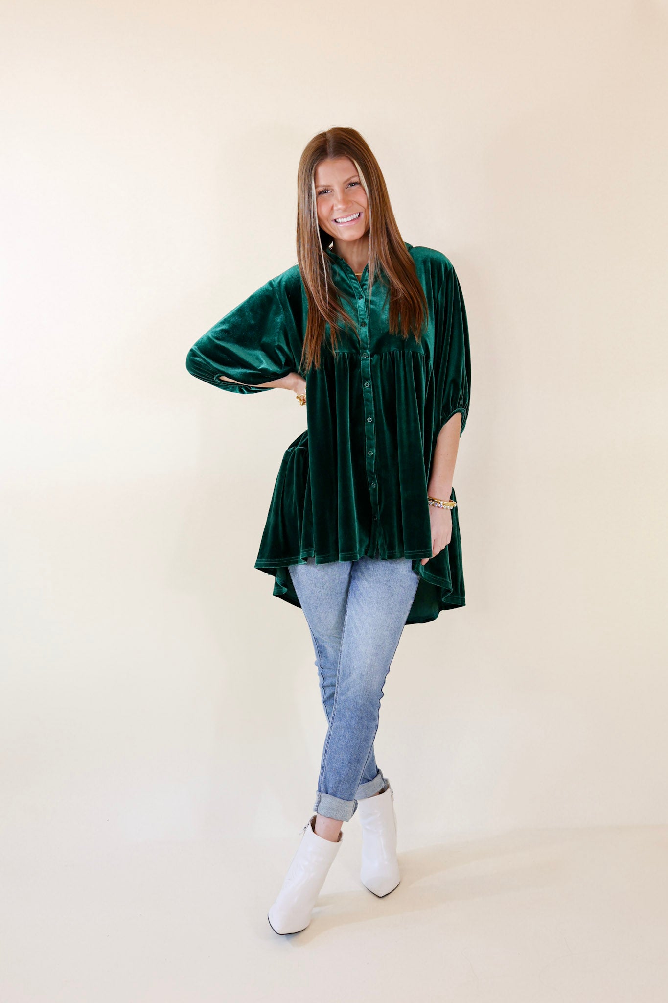 Premium Velvet Babydoll Tunic Top - Emerald Green | Love Link Collection