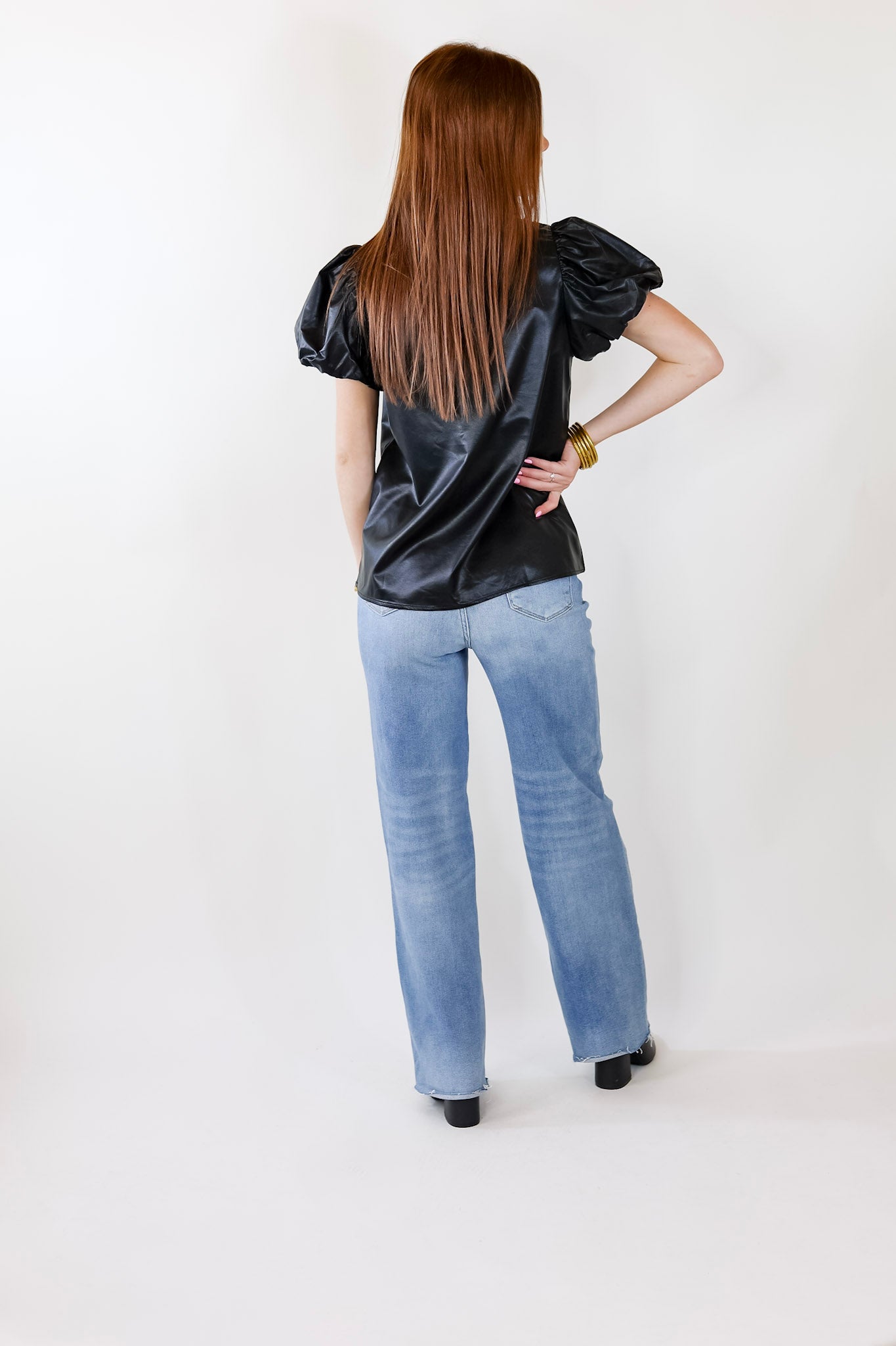 Premium Replay The Night Faux Leather Top - Black with Balloon Sleeves