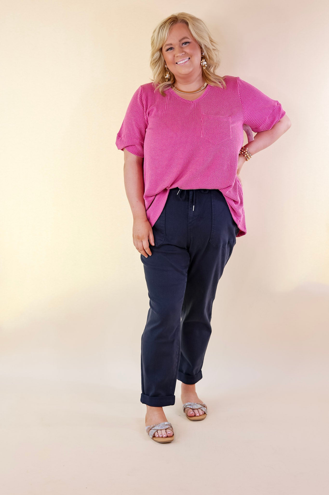 Ultimate Comfort Ribbed Short Sleeve Top with Front Pocket - Orchid Pink