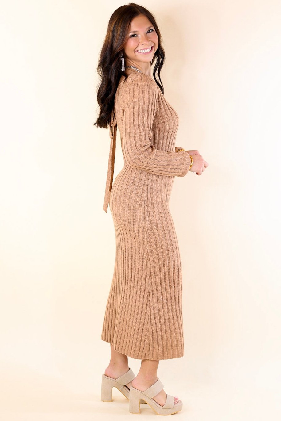 Premium Pumpkin Spice V-Neck Midi Sweater Dress - Ultimate Fall Wardrobe Essential