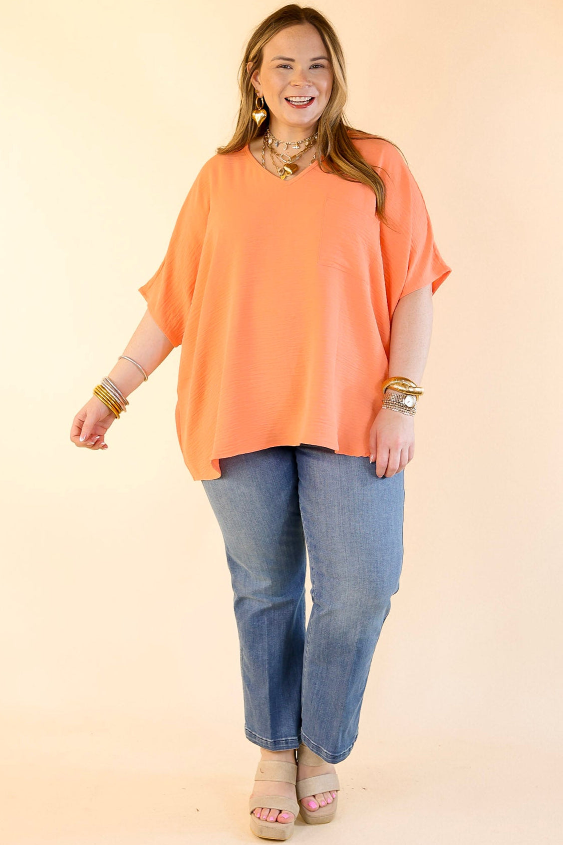 Premium Casual V-Neck Short Sleeve Top with Front Pocket - Coral