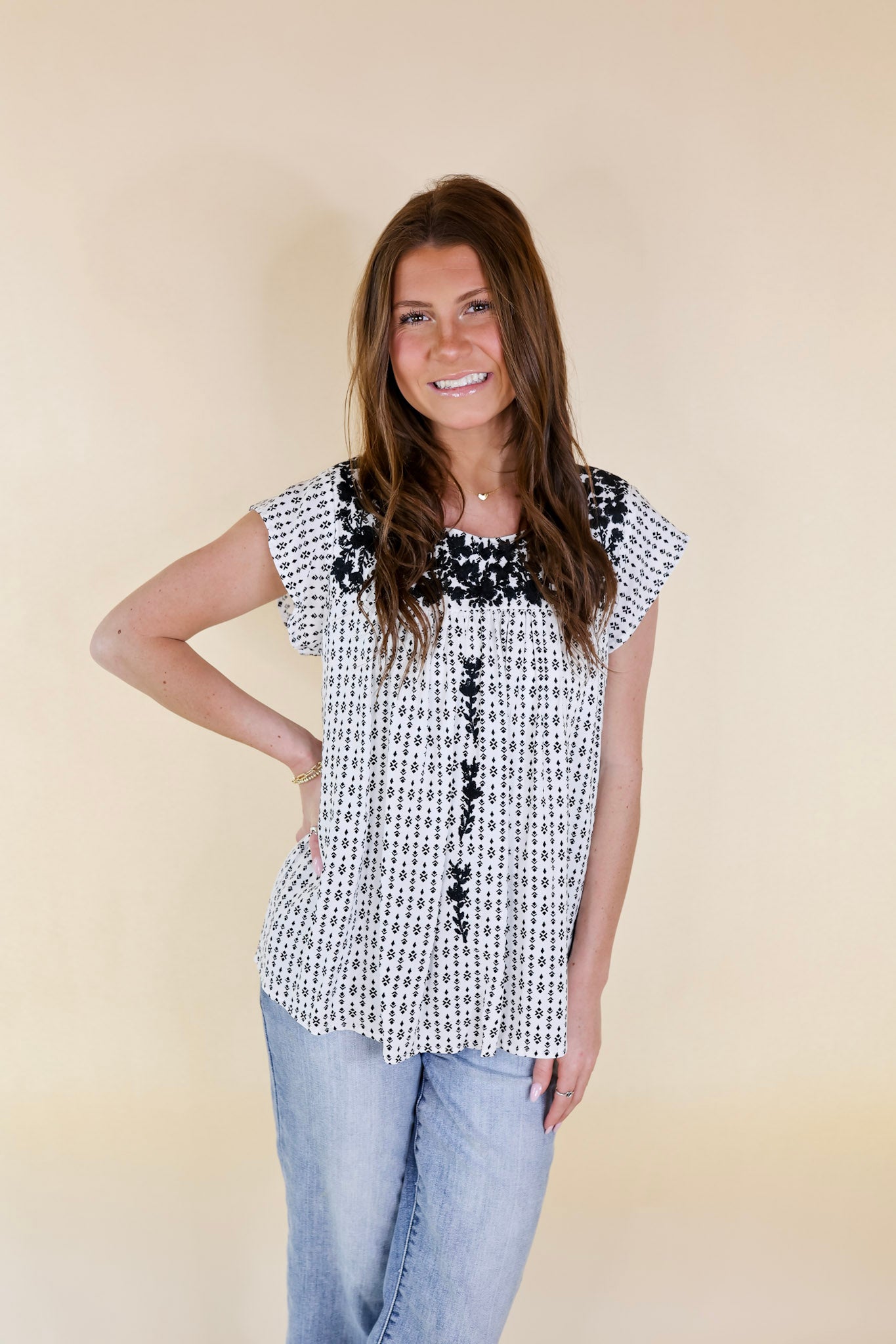 Premium Floral Embroidery Ruffle Sleeve Top - White